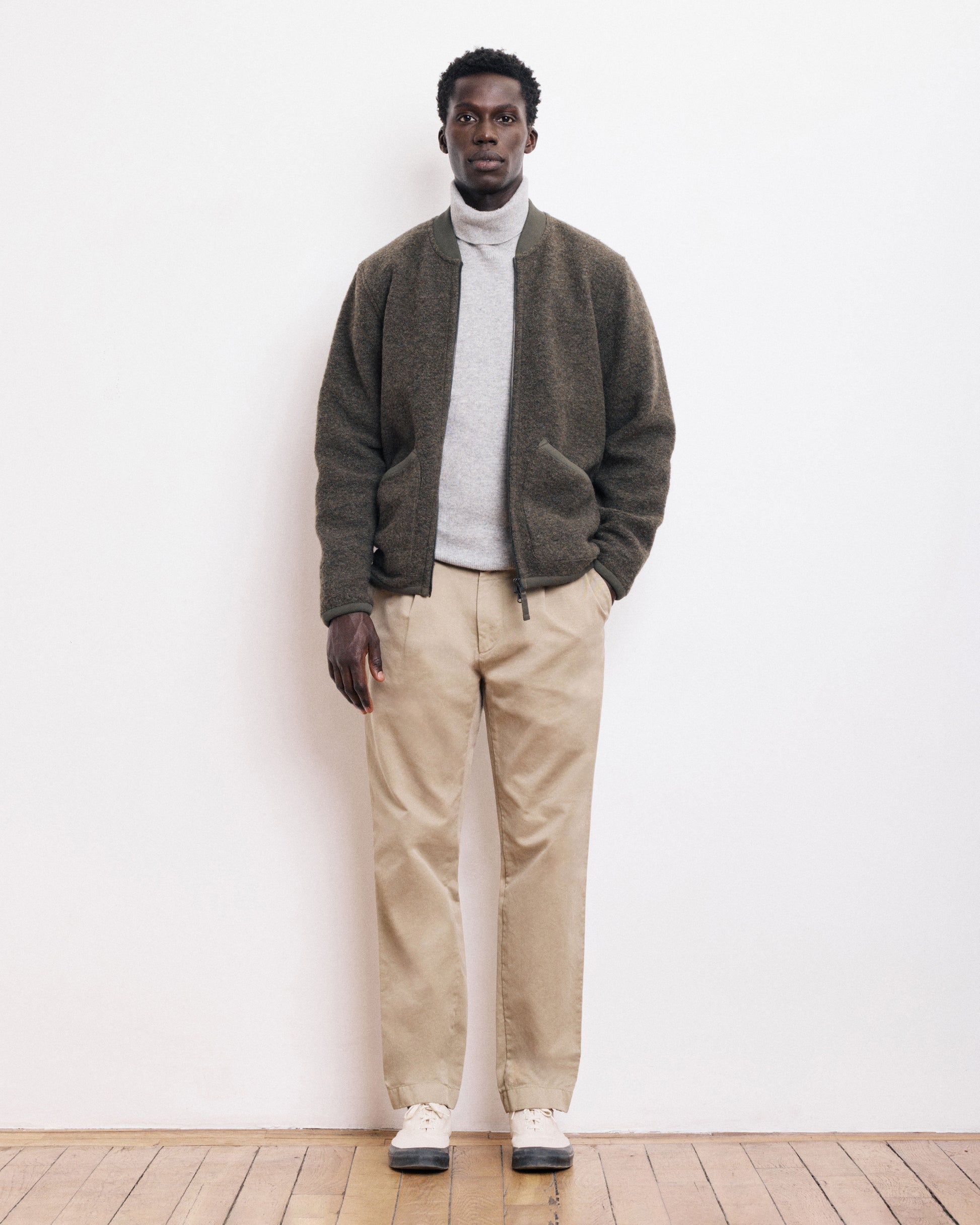 Veste Homme en Laine Bouillie Vert Militaire Bomber