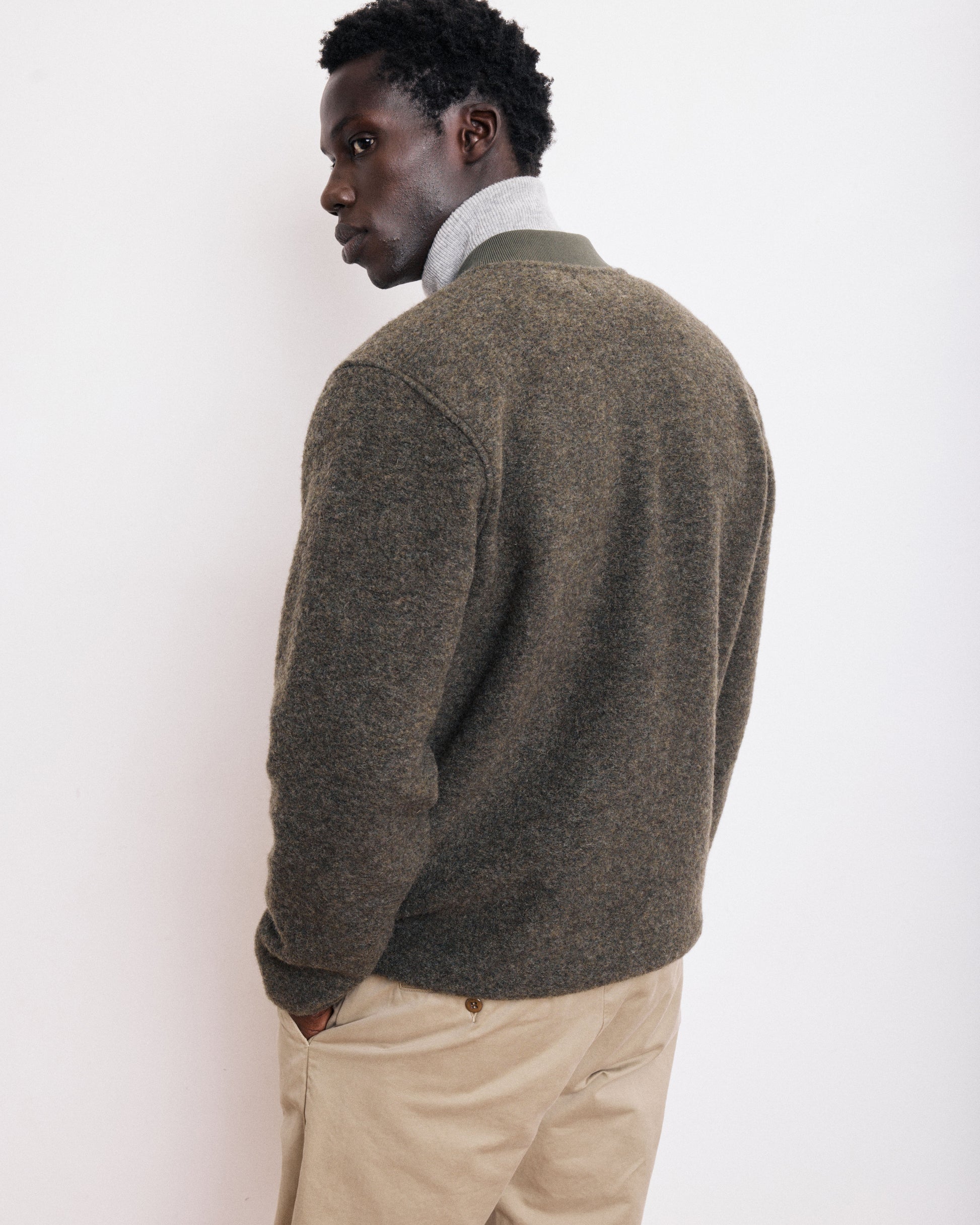 Veste Homme en Laine Bouillie Vert Militaire Bomber