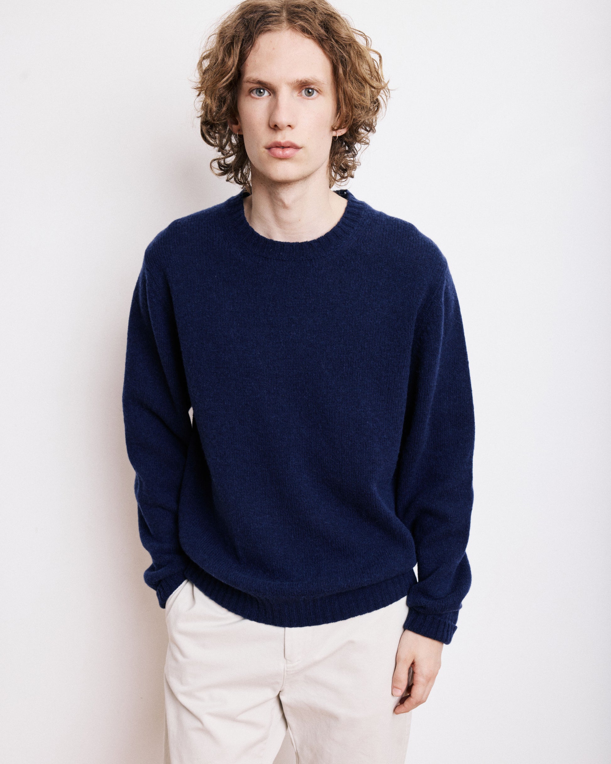 Pull Col Rond Homme en Laine Shetland Bleu Marine