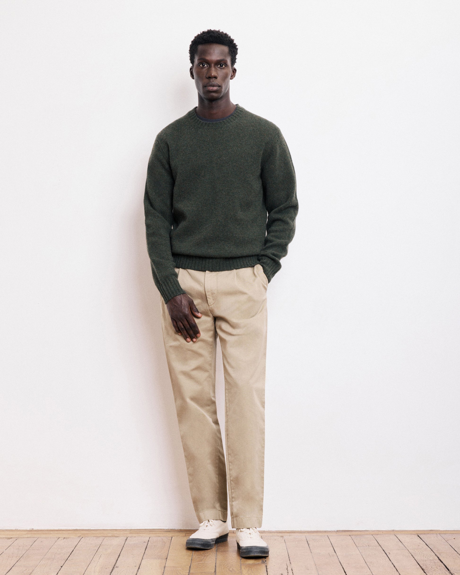 Pull Col Rond Homme en Laine Shetland Vert Militaire