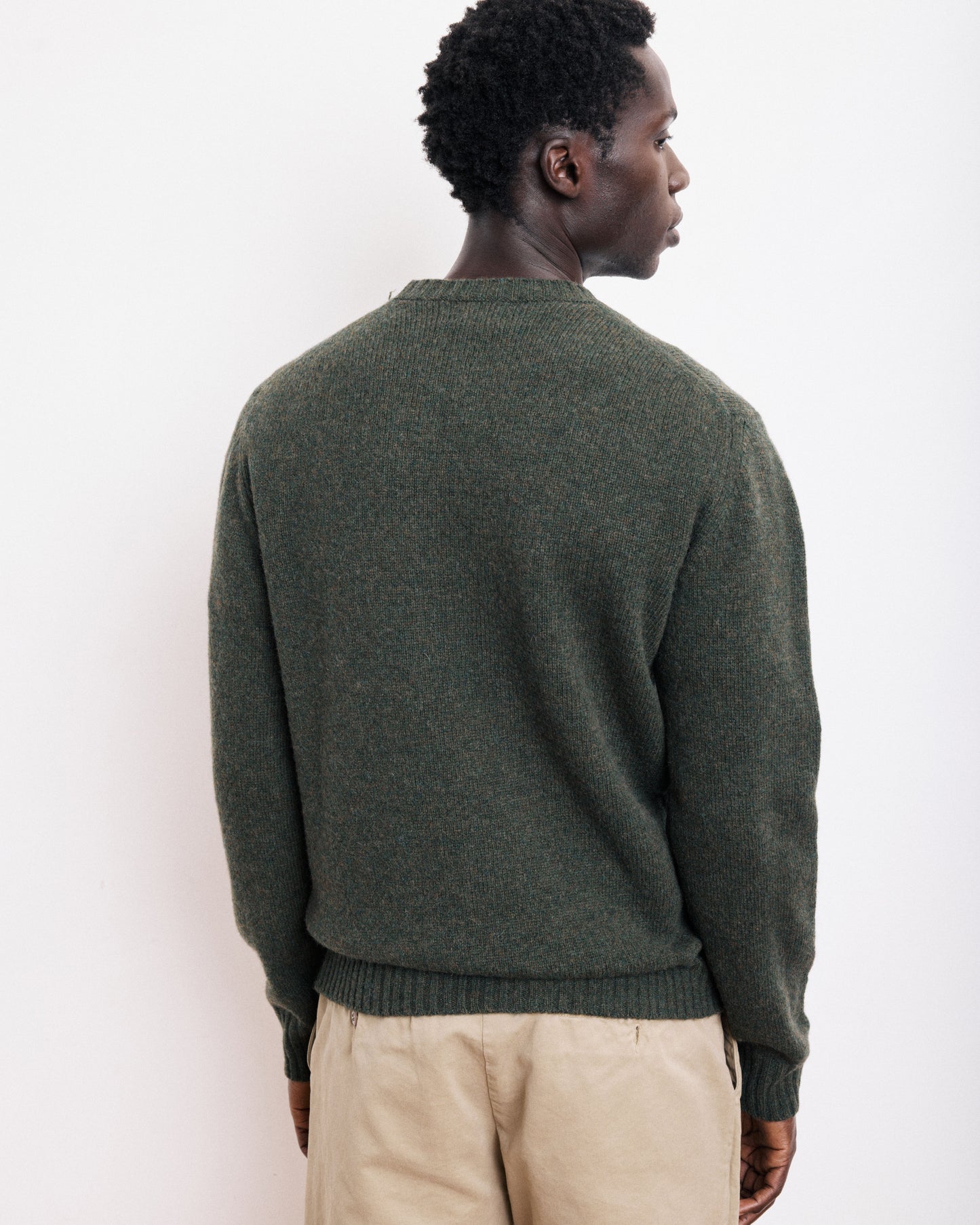 Pull Col Rond Homme en Laine Shetland Vert Militaire
