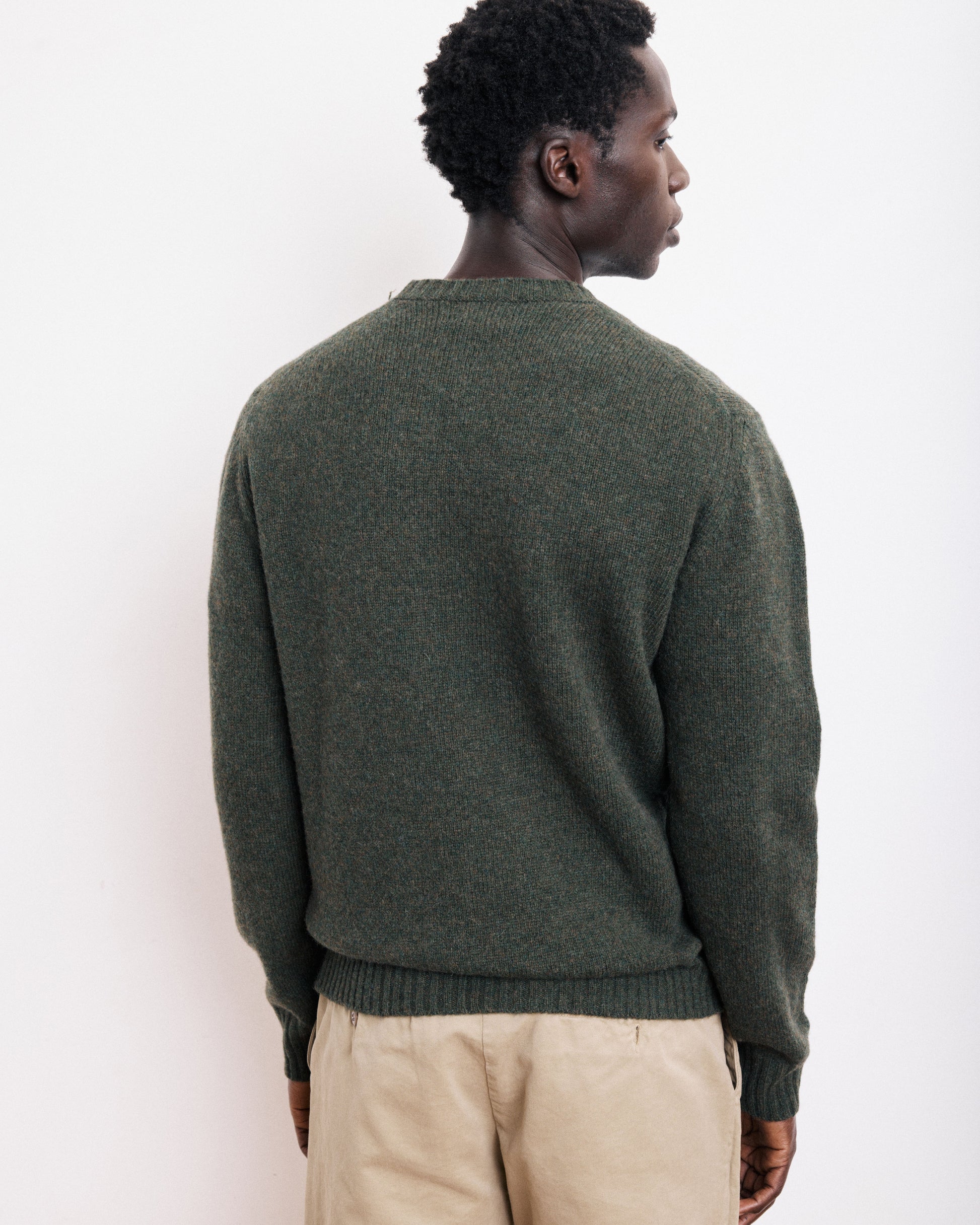 Pull Col Rond Homme en Laine Shetland Vert Militaire