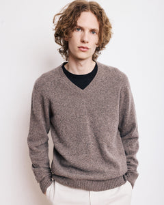 Pull Col V Homme en Laine Lambswool Brun