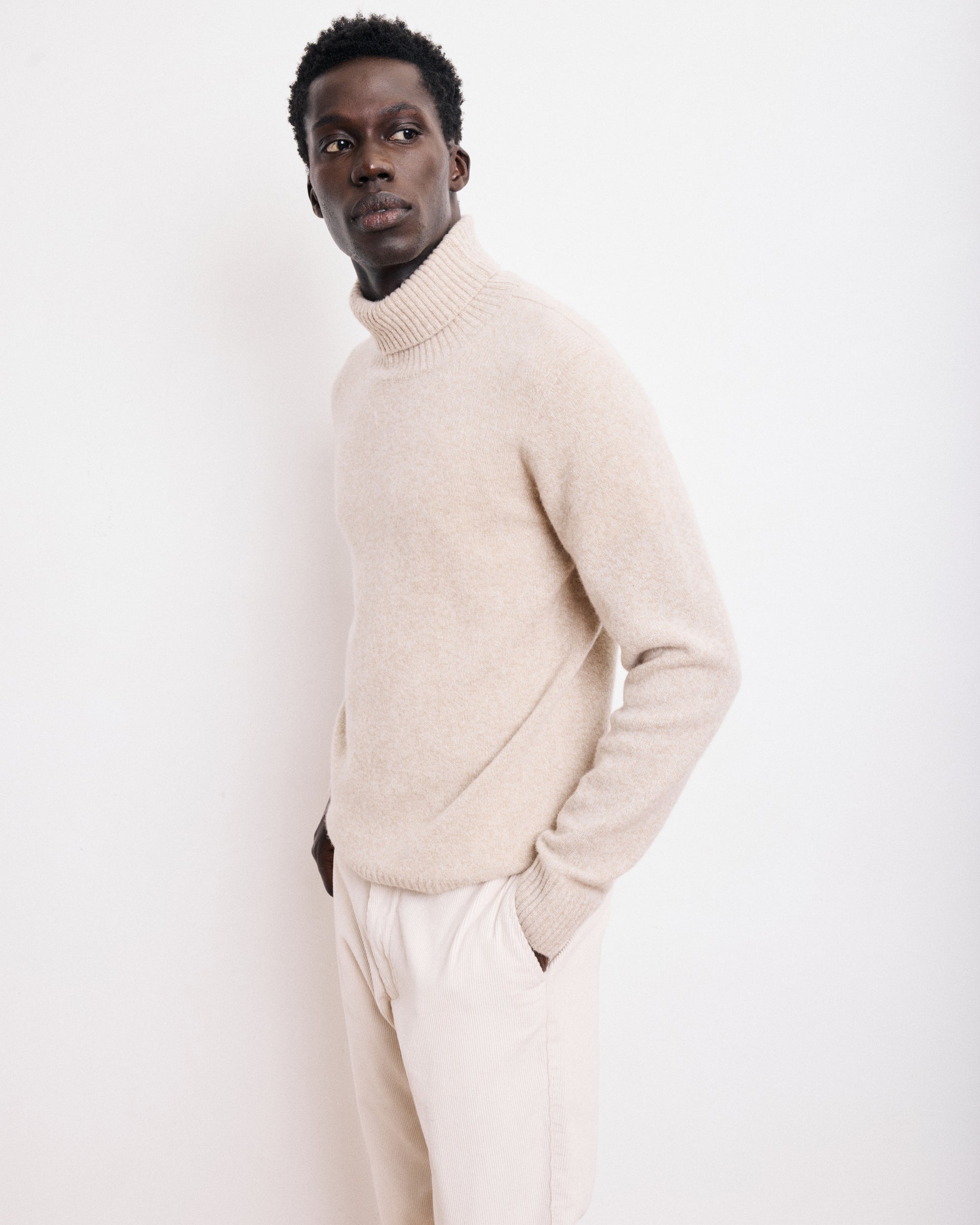 Pull Col Roulé Homme en Laine Lambswool Beige