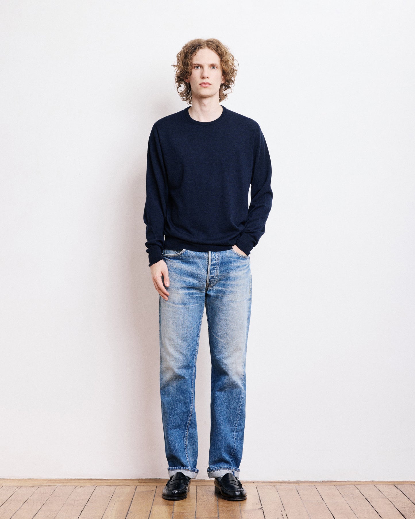 Pull Col Rond Homme en Fine Laine Mérinos Bleu Marine