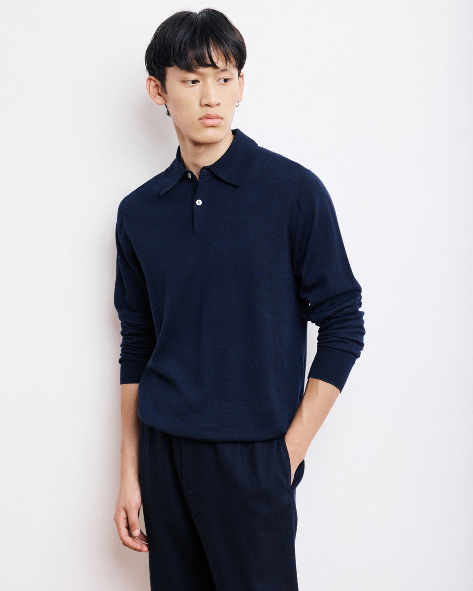 Pull Col Polo Homme en Fine Laine Mérinos Bleu Marine - Image principale