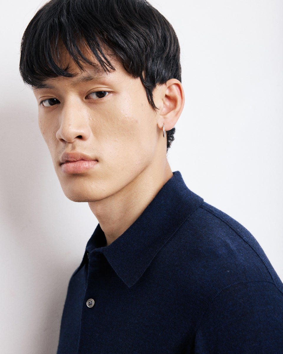 Pull Col Polo Homme en Fine Laine Mérinos Bleu Marine - Image alternative