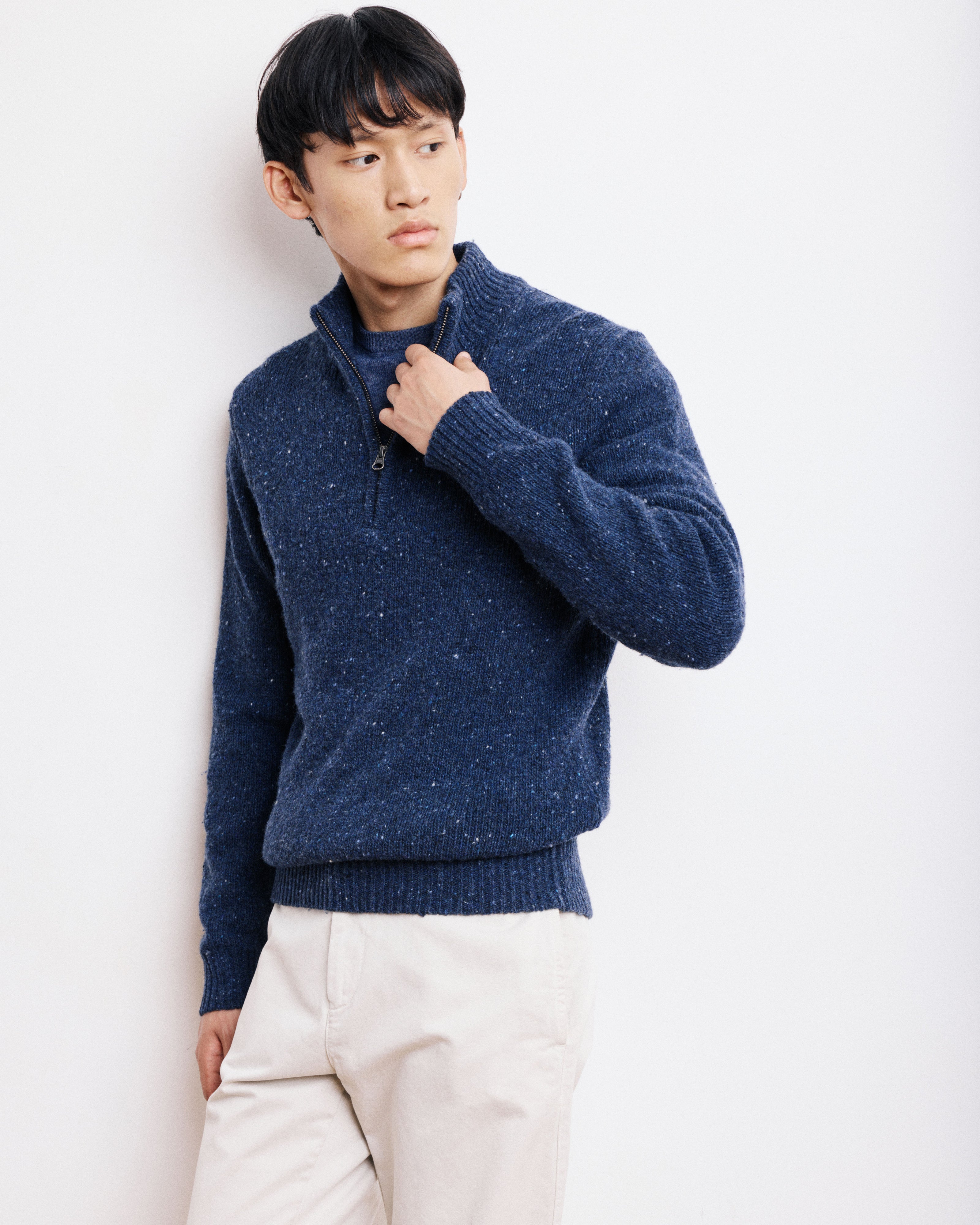 Pull Trucker Homme en Donegal de Laine & Alpaga Bleu Indigo