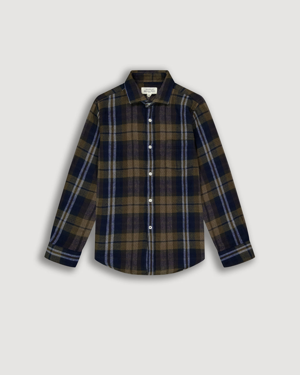 Chemise Garçon en Flanelle de Coton Double Face à Carreaux Vert Militaire Paul - Image principale