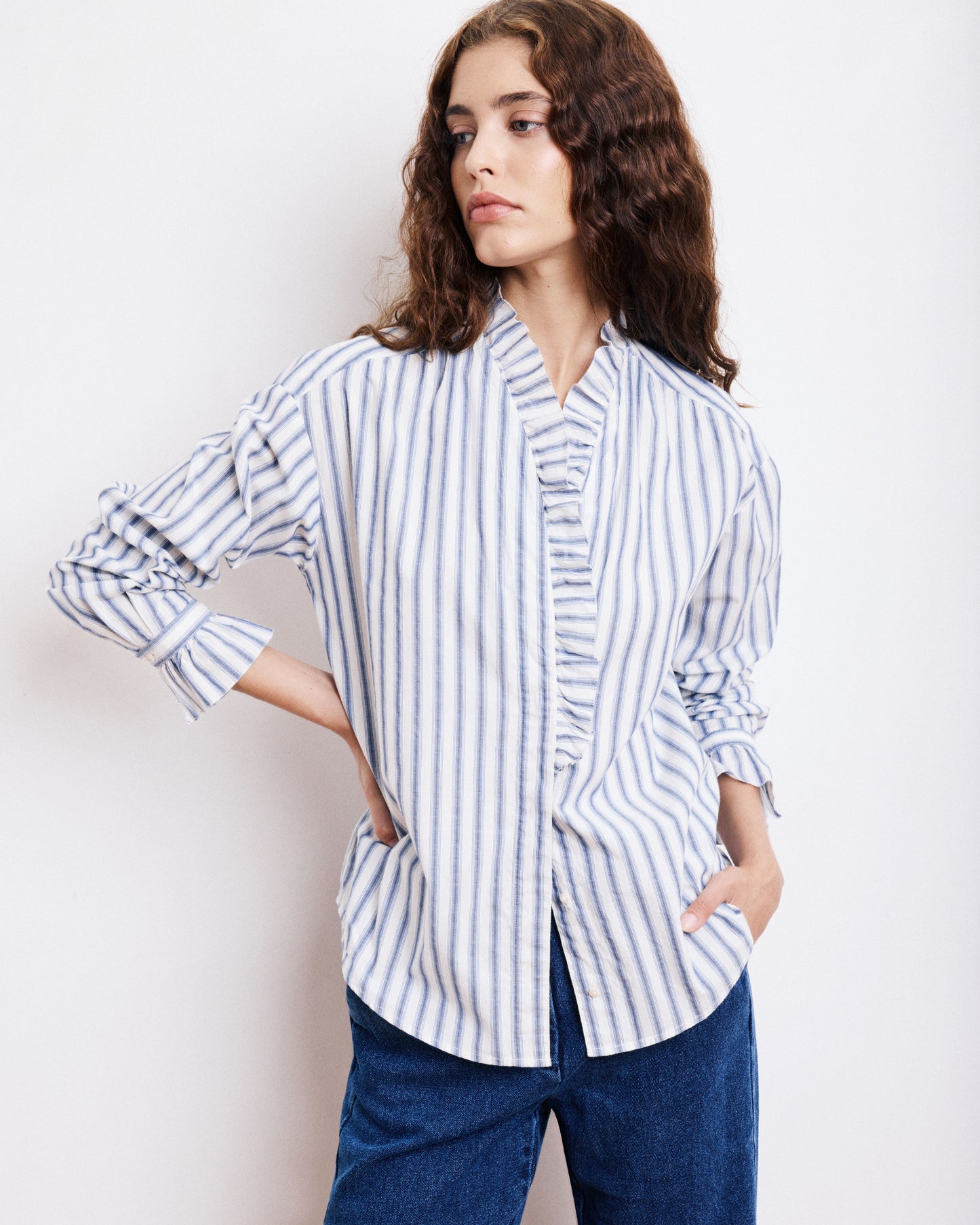 Chemise Femme en Popeline de Coton à Rayures Bleues Carmela