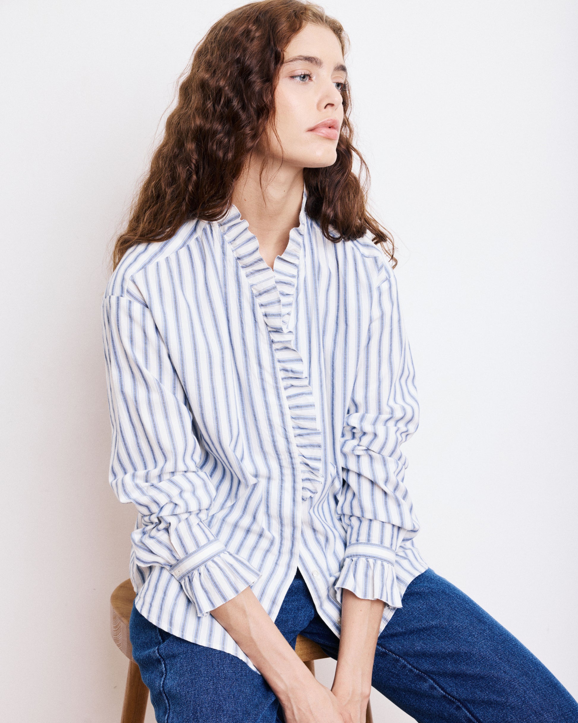 Chemise Femme en Popeline de Coton à Rayures Bleues Carmela