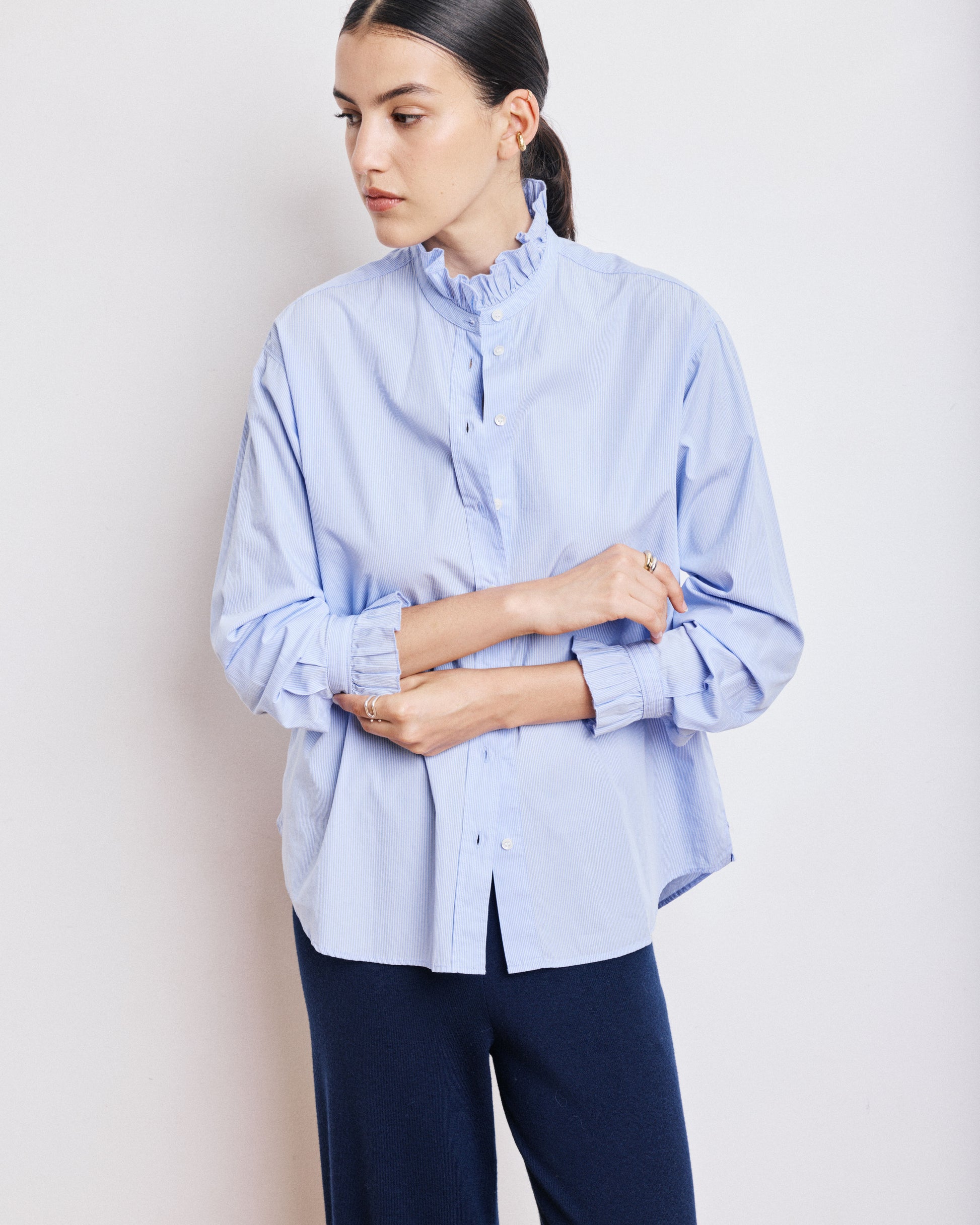 Chana Women's Blue Striped Cotton Poplin Shirt BECD634-01