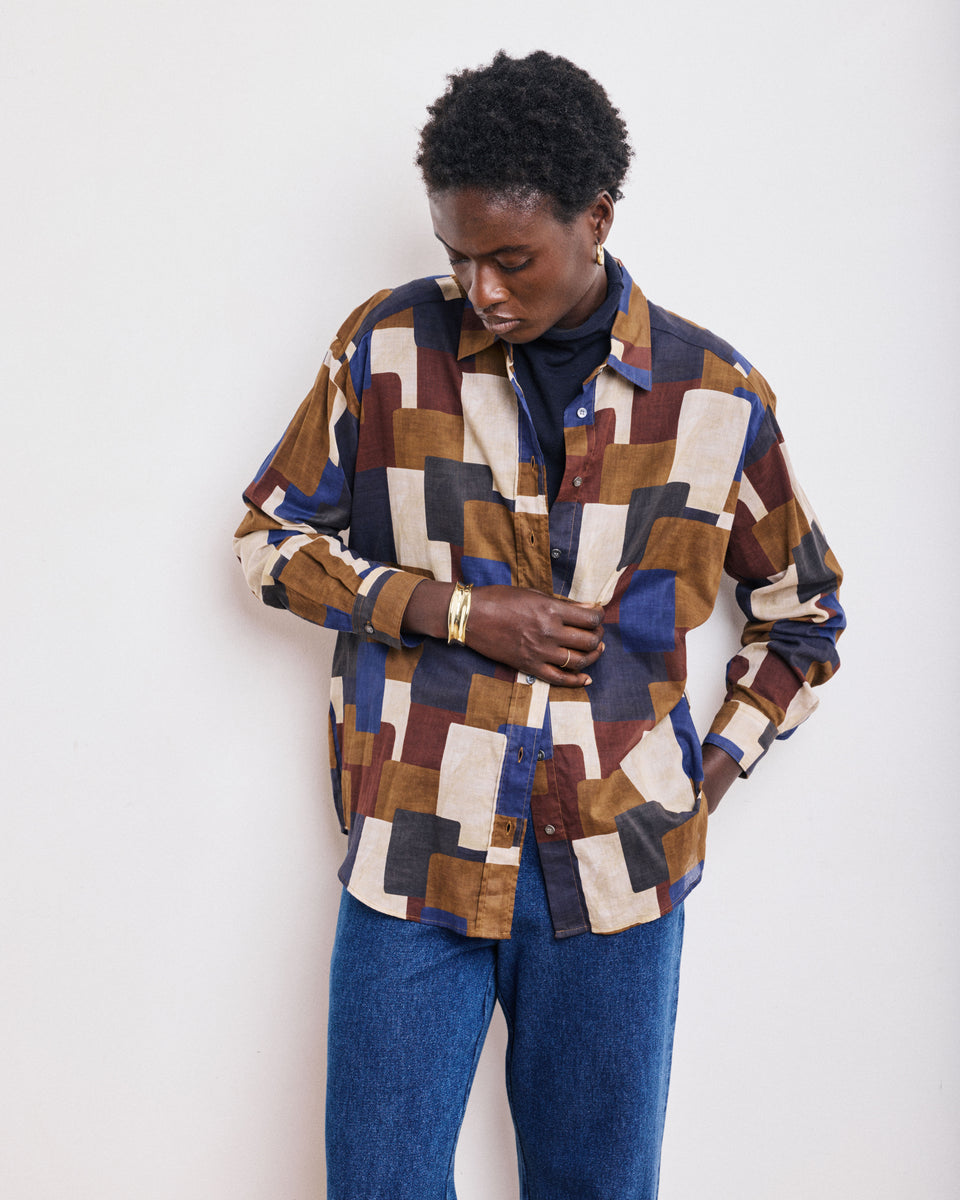 Cinema Women's Brown & Blue Printed Cotton Shirt - Image principale