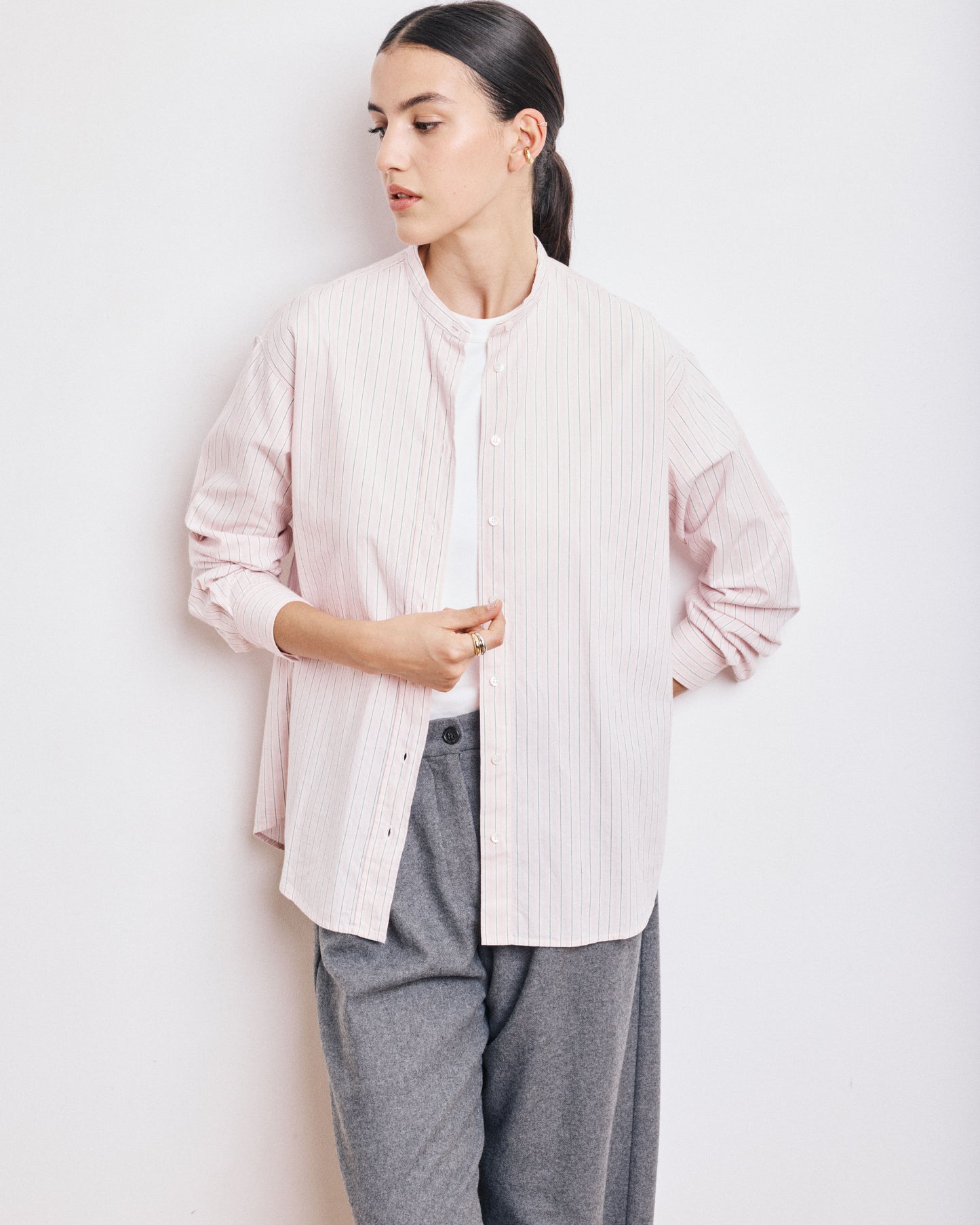 Chemise Femme en Popeline de Coton à Rayures Rose Cristal