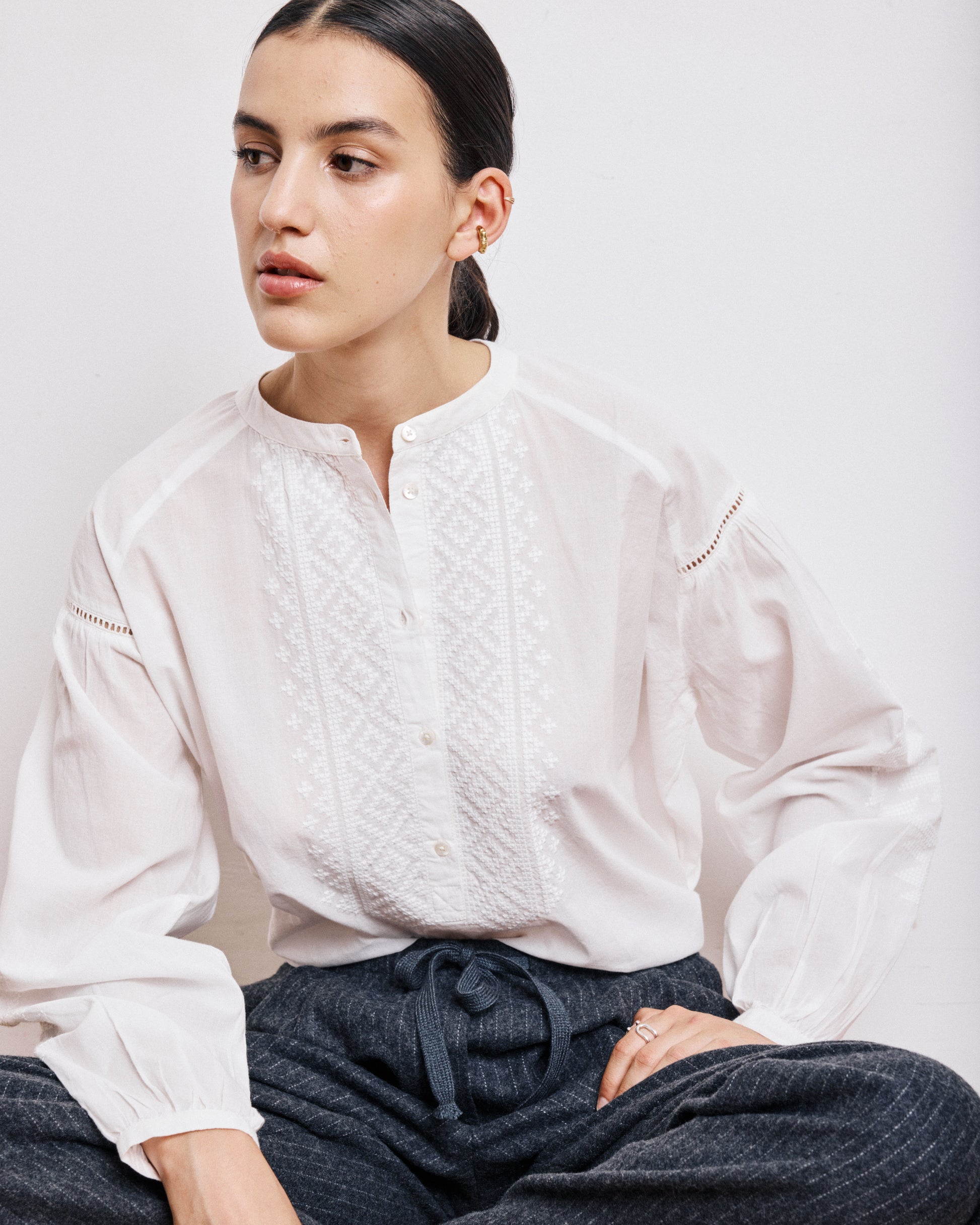 Blouse Femme en Voile de Coton Ecru Celeste