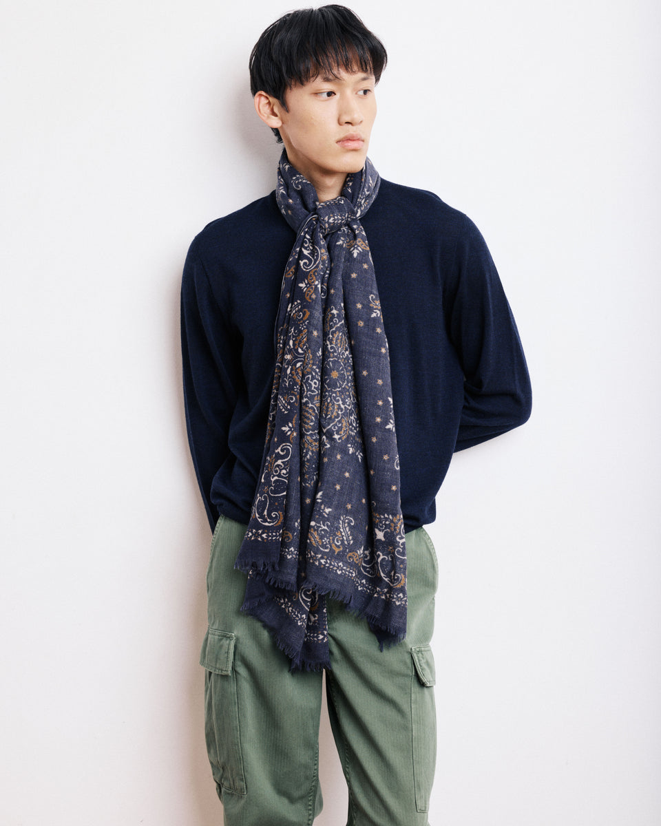 Bandana Men's Navy Blue Printed Wool Scarf - Image principale