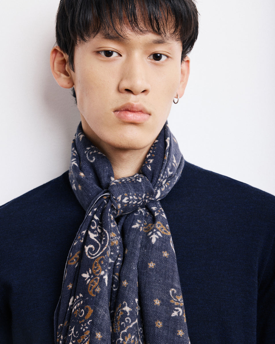 Bandana Men's Navy Blue Printed Wool Scarf - Image alternative