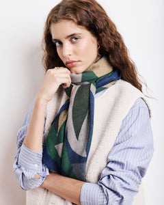 Echarpe Femme en Laine Imprimé Bleu Feuilles