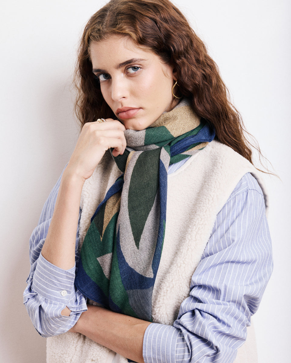 Leaves Women's Blue Printed Wool Scarf - Image principale
