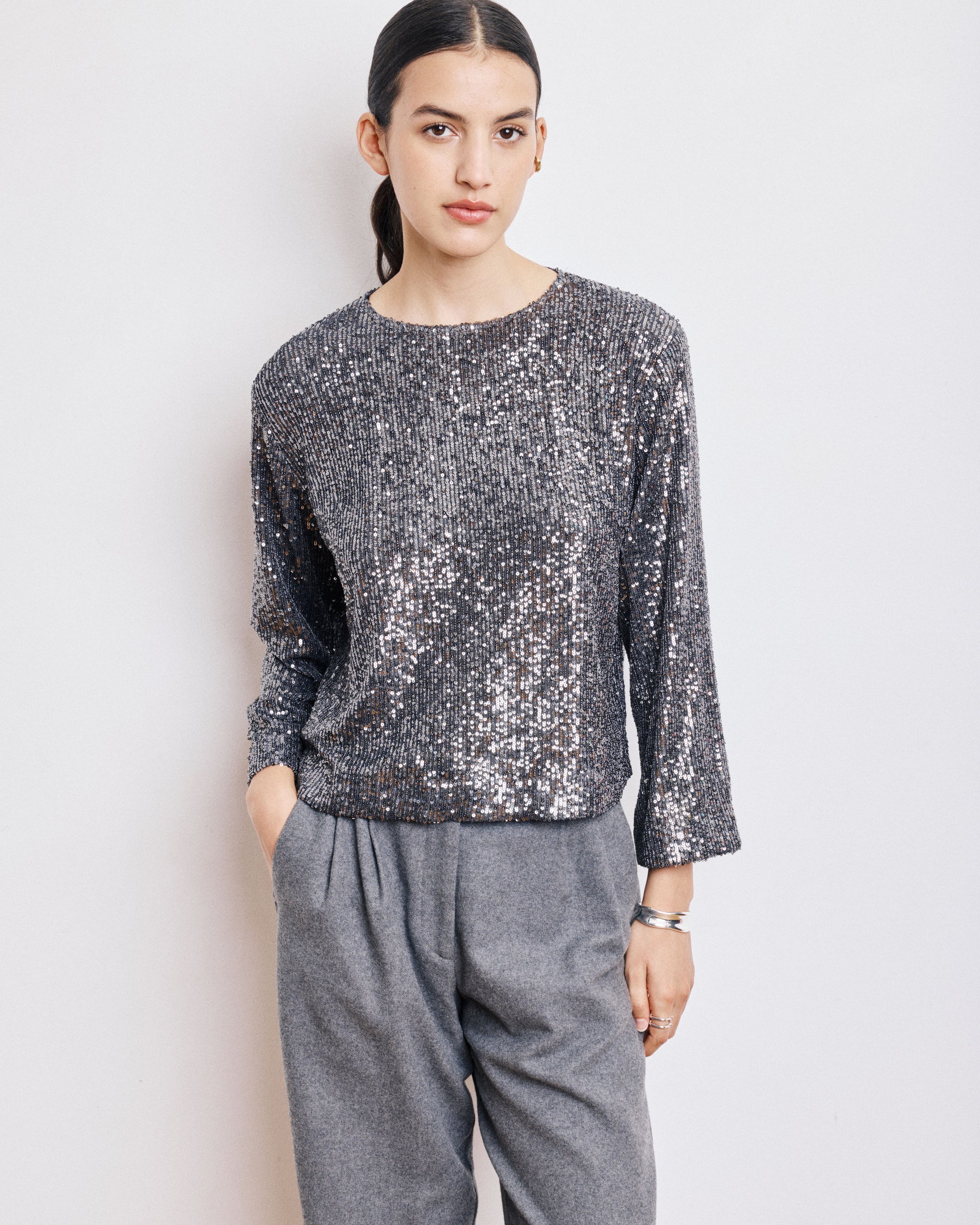 Top Femme en Sequins Gris Anthracite Harper