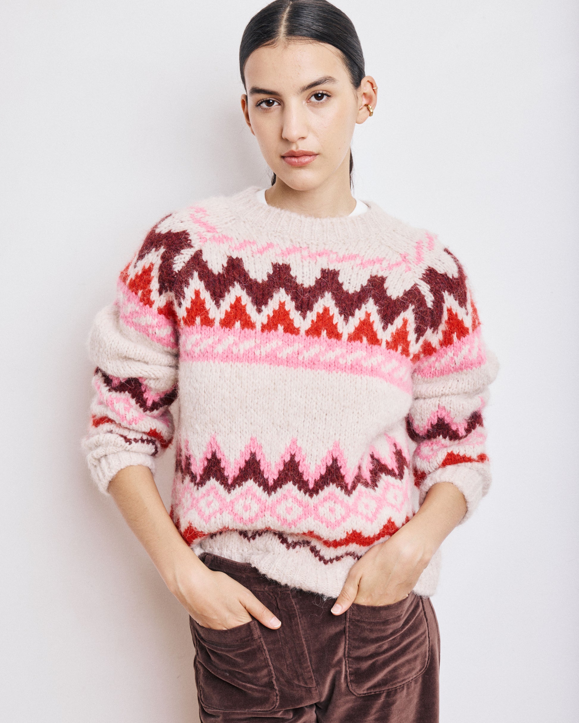 Pull Femme en Alpaga & Laine Ecru & Rose Magie