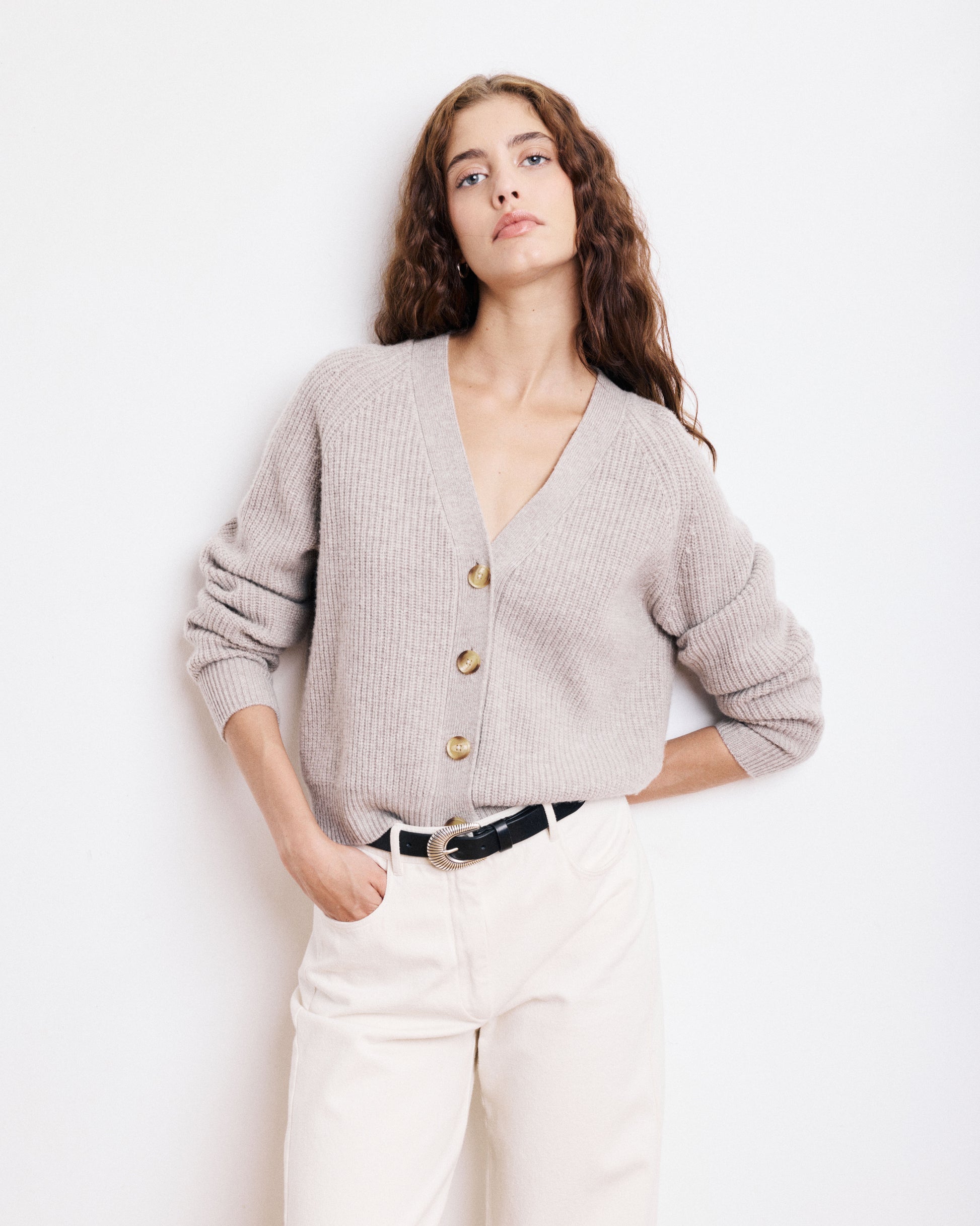 Cardigan Femme en Laine & Cachemire Beige Moena