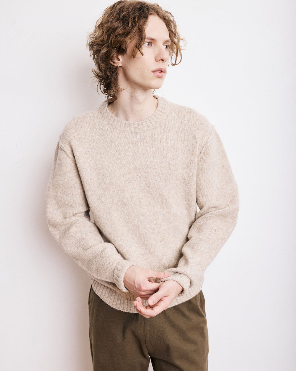 Crew Neck Men's Beige Alpaga & Yak Wool Sweater - Image principale