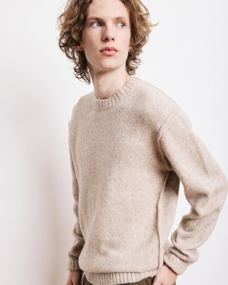 Crew Neck Men's Beige Alpaga & Yak Wool Sweater - Image alternative
