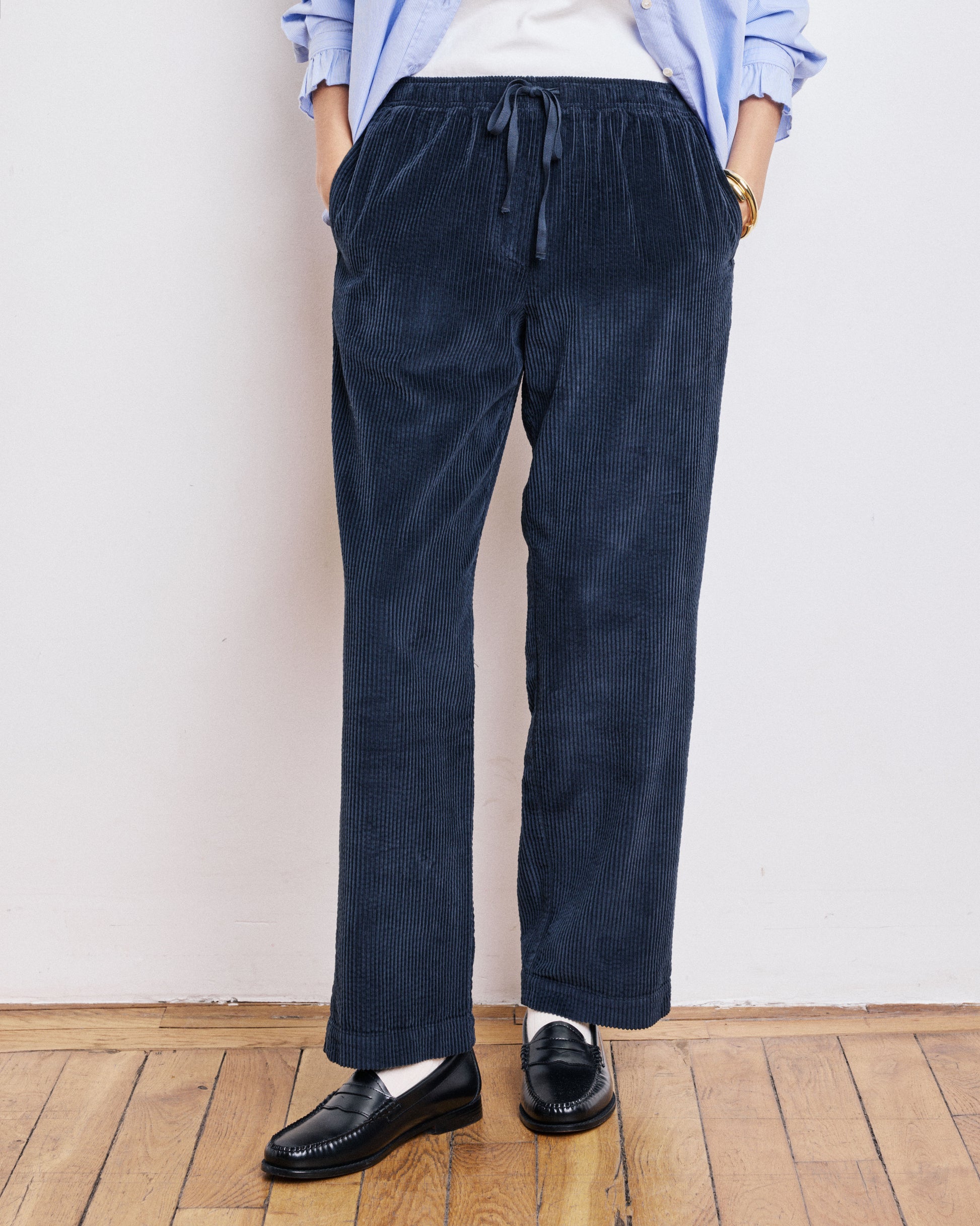 Pantalon Femme en Velours Côtelé Seersucker Bleu Marine Peyo
