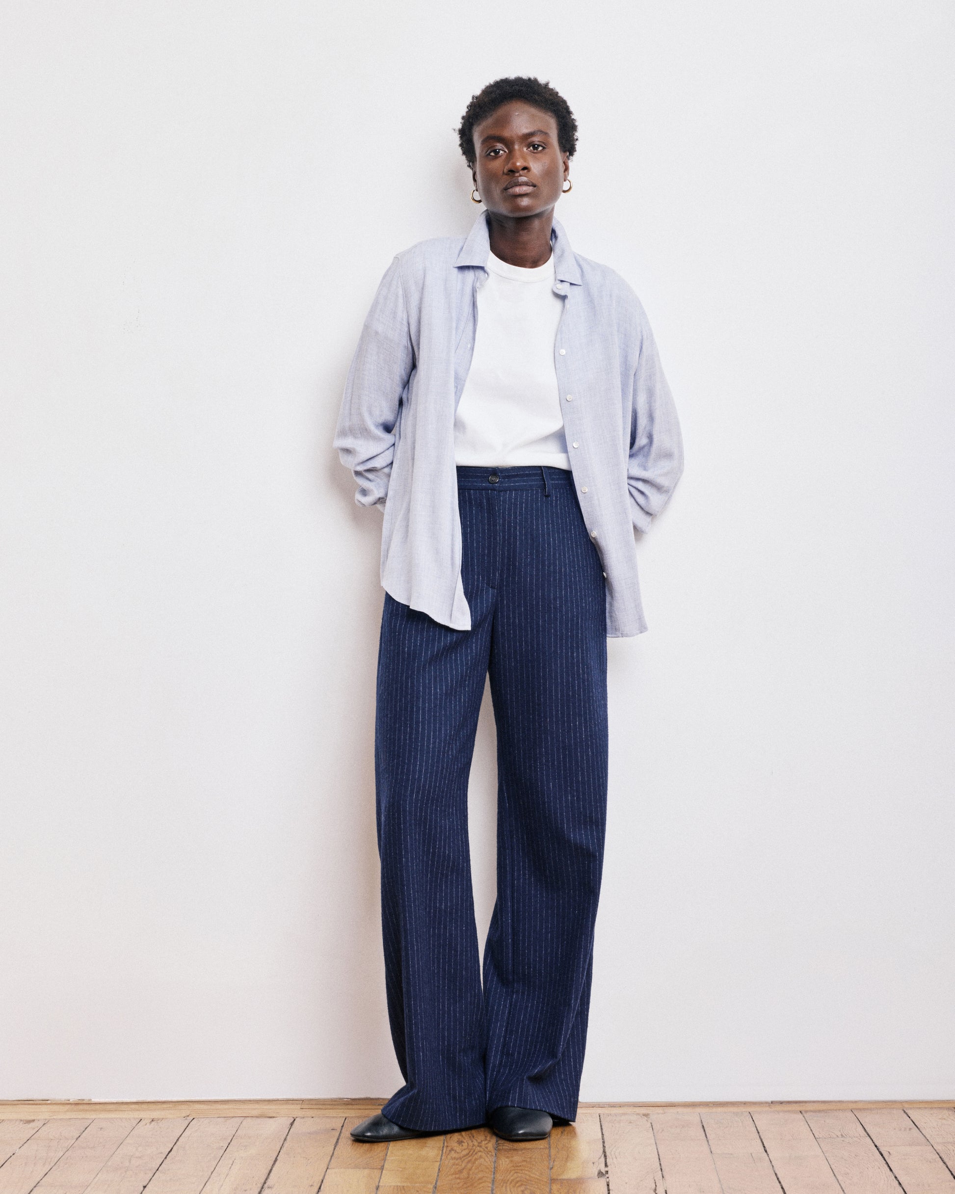 Pantalon Femme en Flanelle de Laine à Rayures Bleu Marine