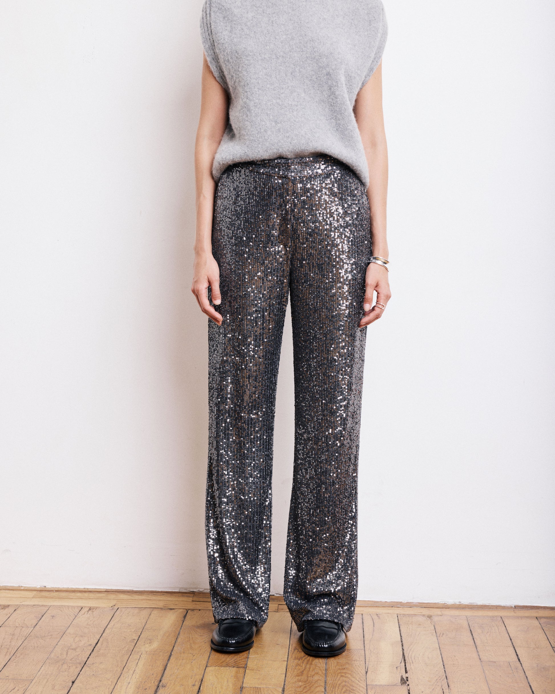 Pantalon Femme en Sequins Gris Anthracite Paillette