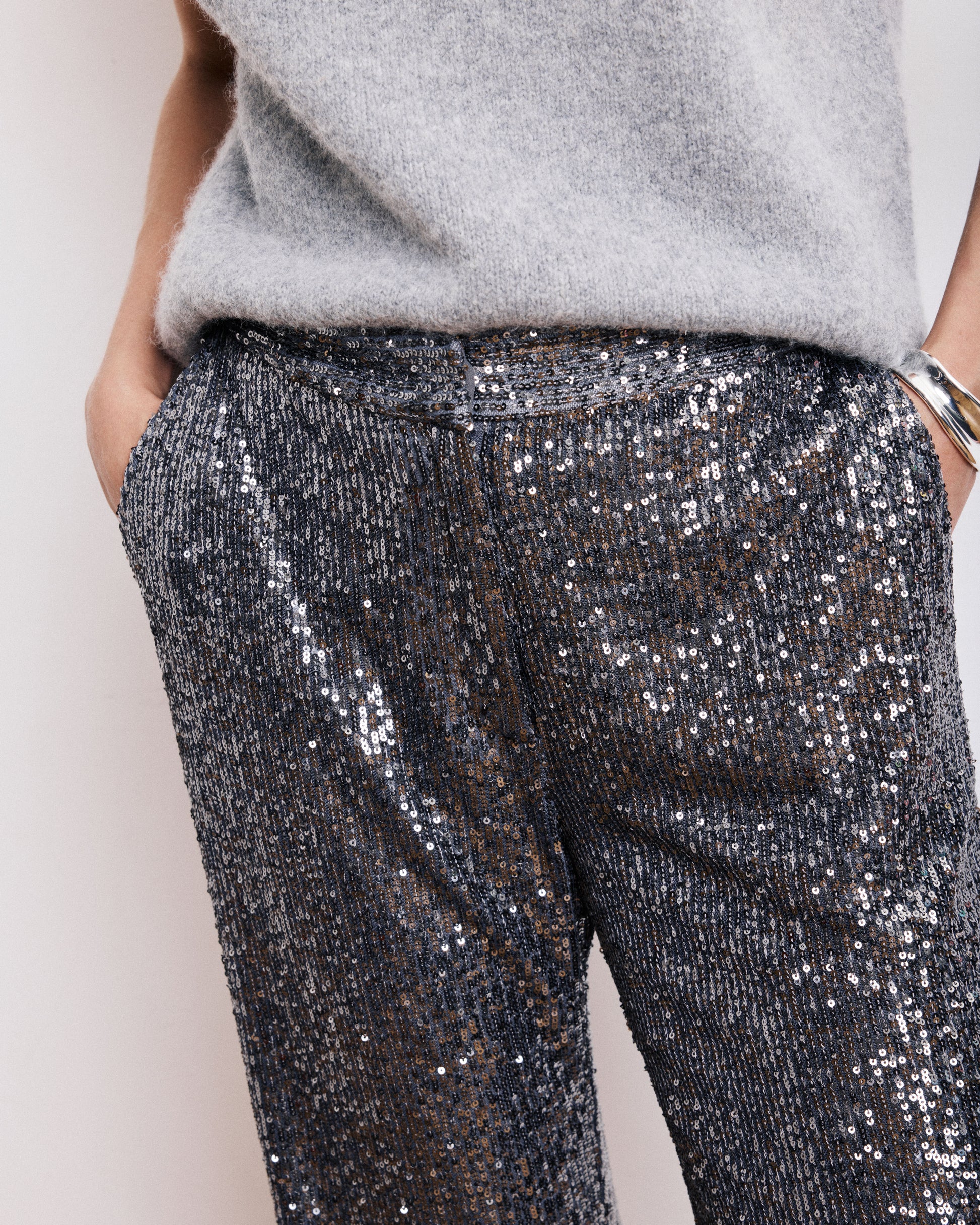 Pantalon Femme en Sequins Gris Anthracite Paillette