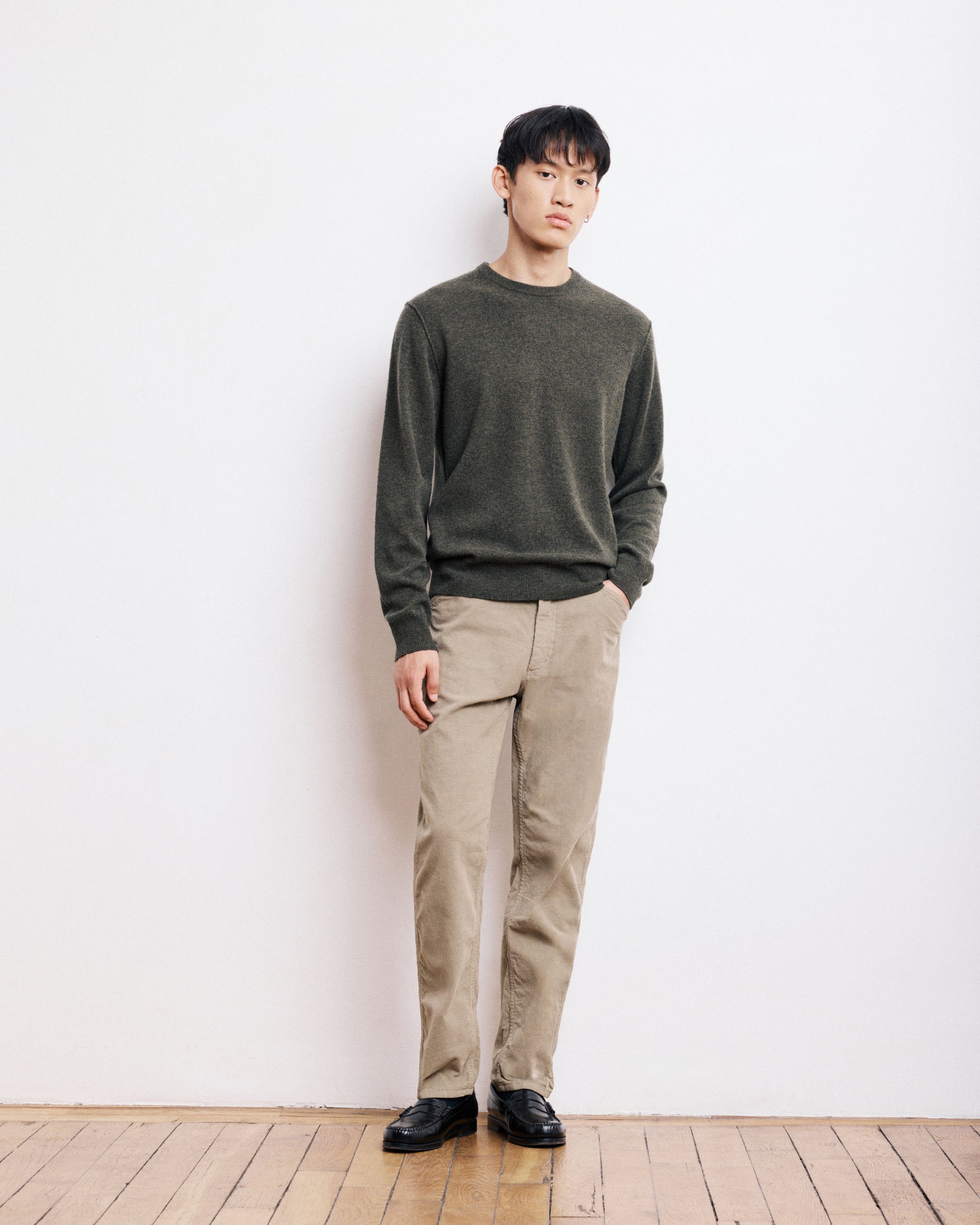 Pull Col Rond Homme en Laine & Cachemire Vert Militaire
