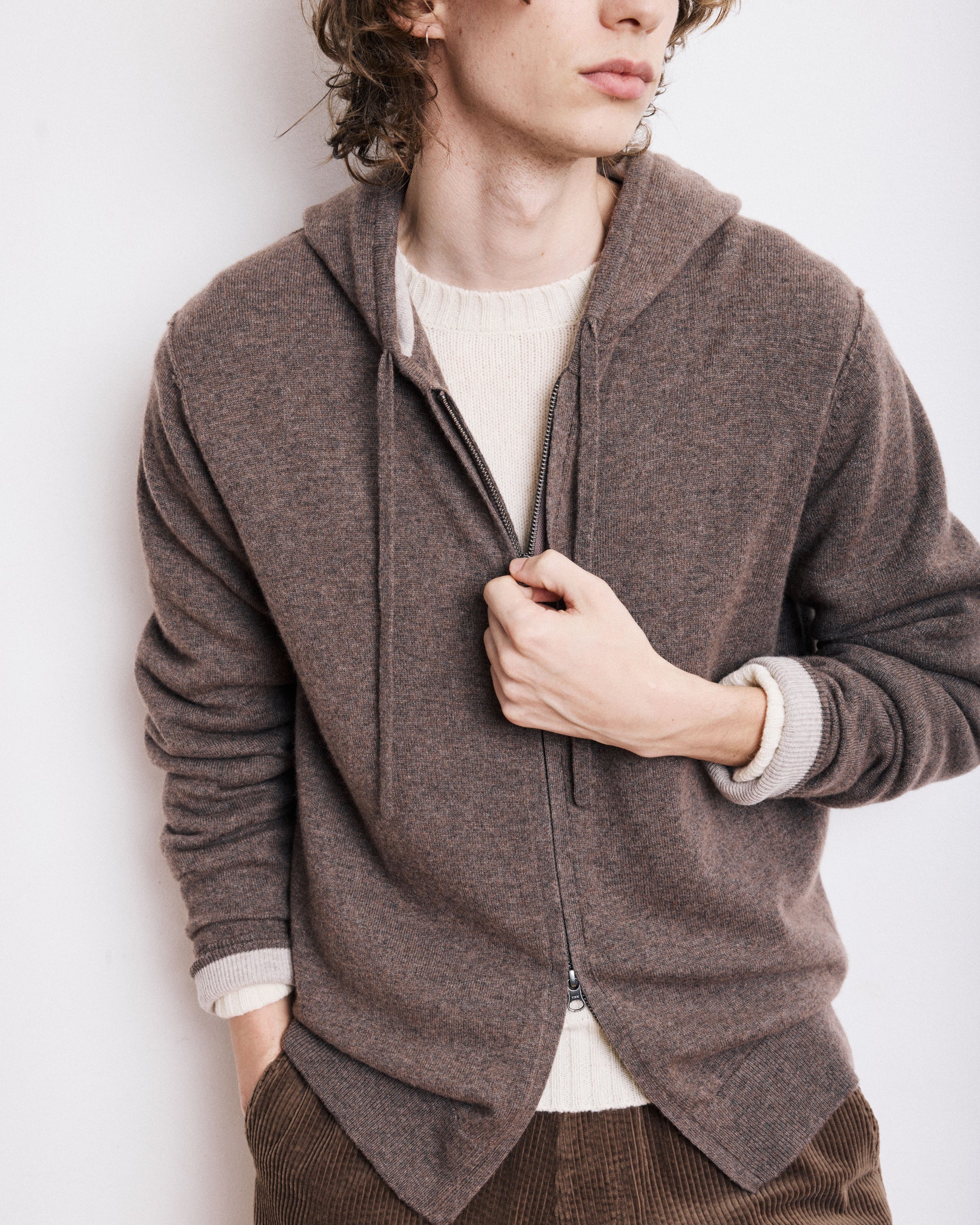 Pull à Capuche Homme en Laine & Cachemire Brun