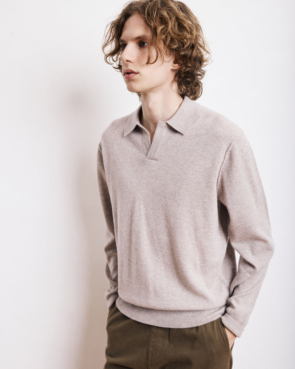 Pull Col Polo Homme en Laine & Cachemire Beige - Image principale