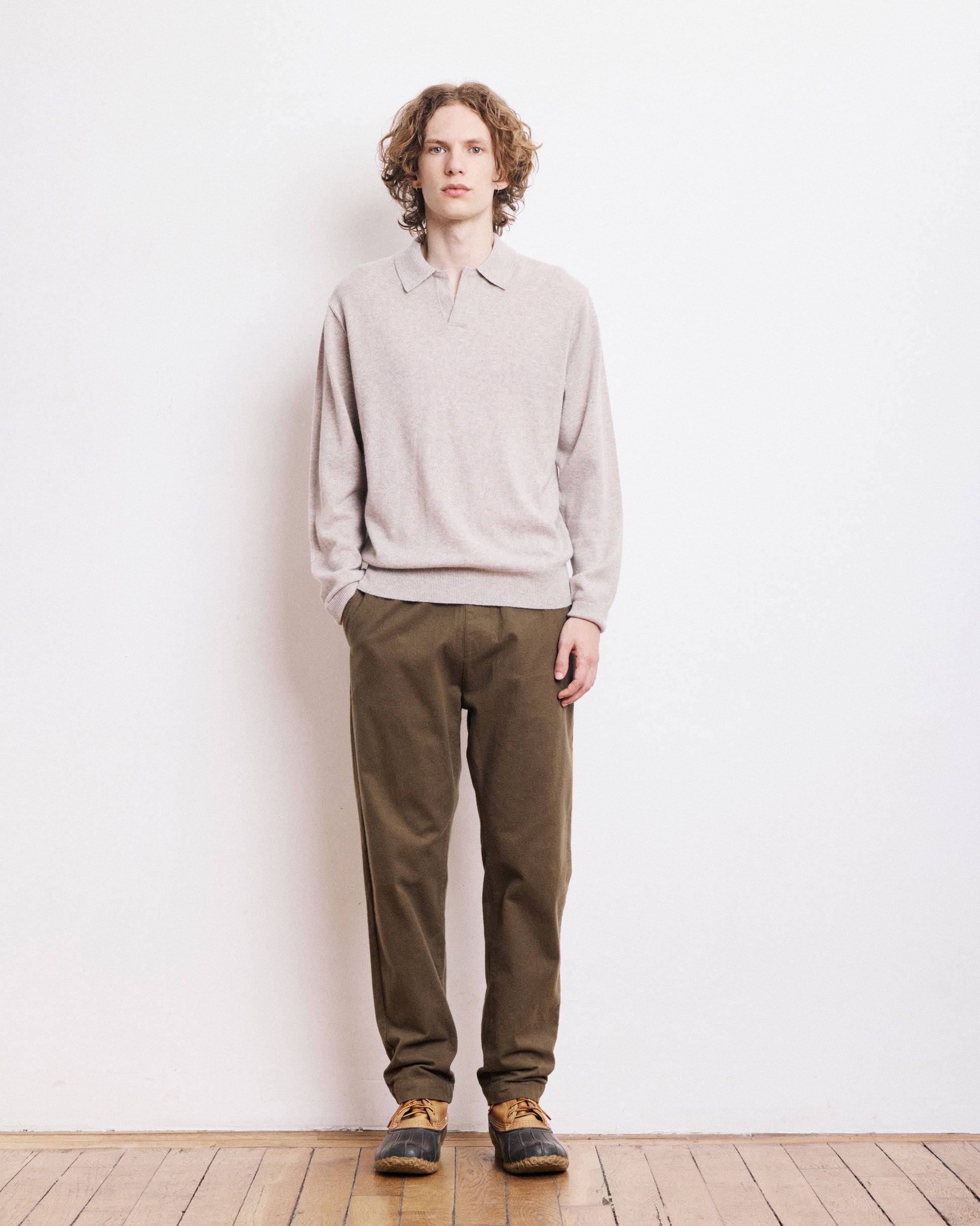 Pull Col Polo Homme en Laine & Cachemire Beige