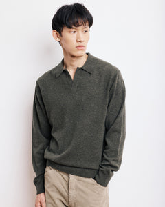 Pull Col Polo Homme en Laine & Cachemire Vert Militaire