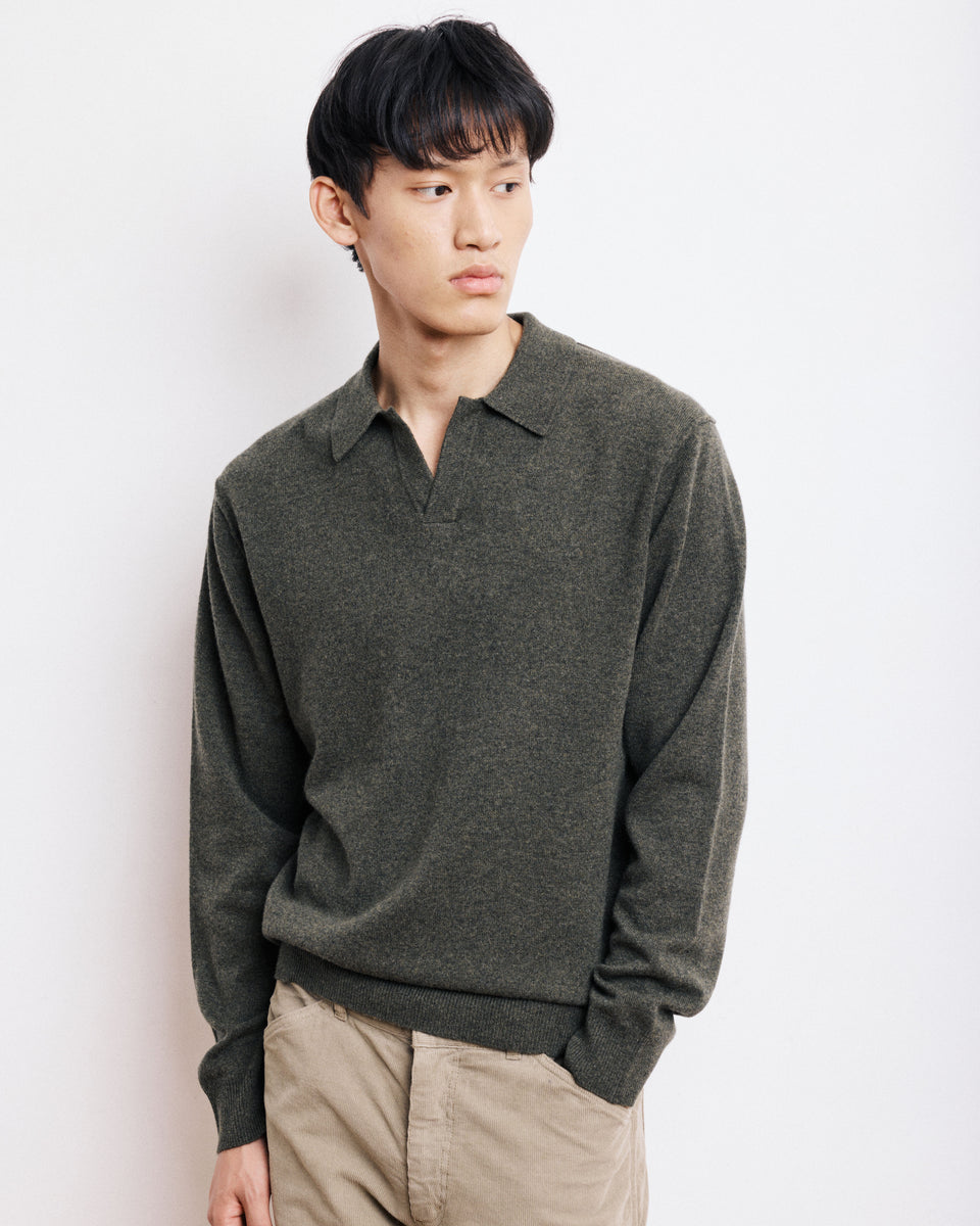 Pull Col Polo Homme en Laine & Cachemire Vert Militaire - Image principale