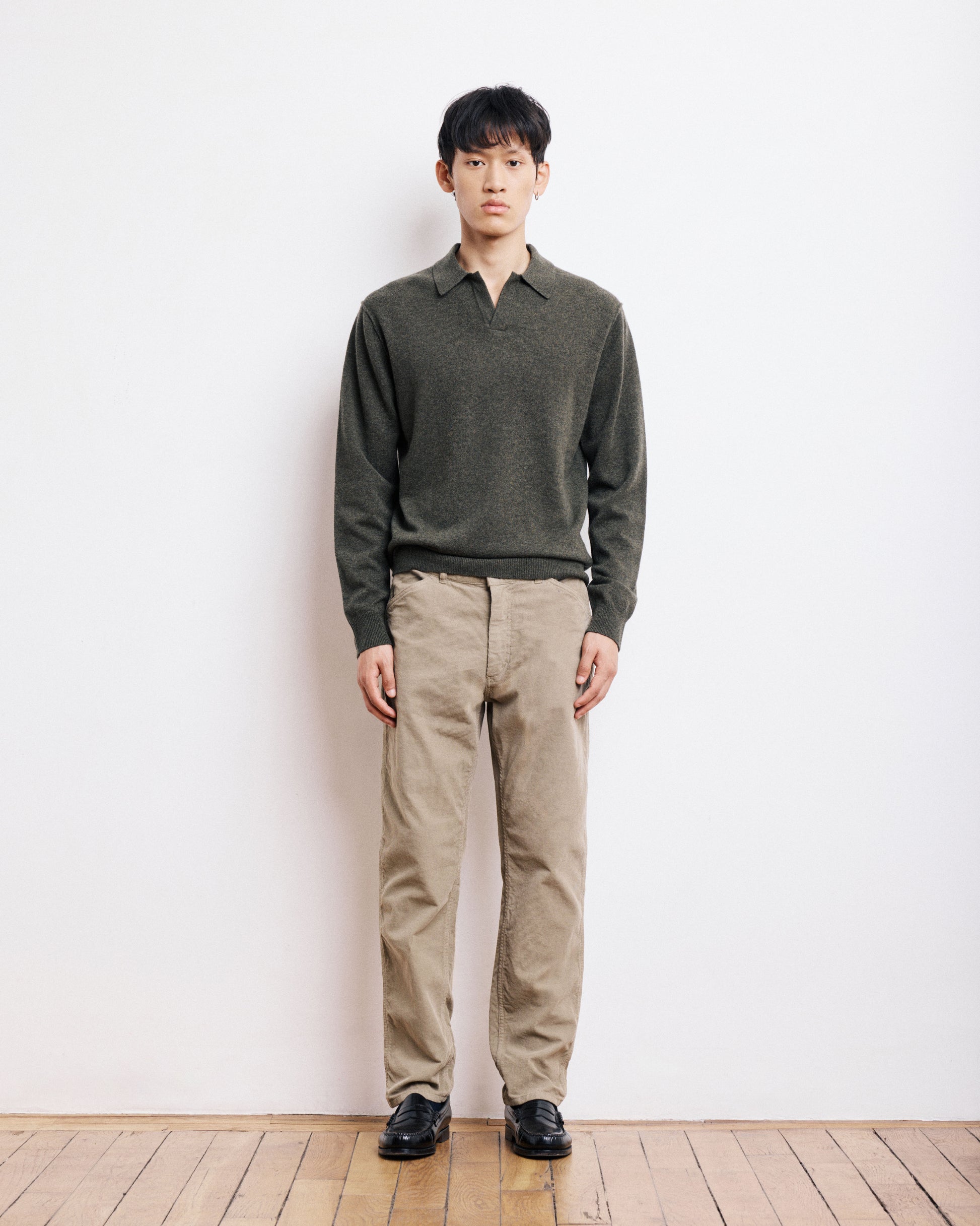 Pull Col Polo Homme en Laine & Cachemire Vert Militaire