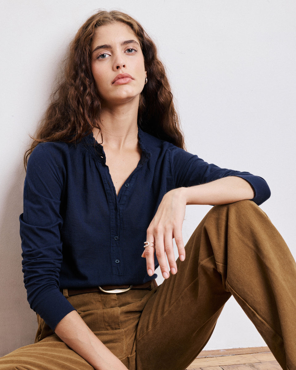 Camiseta Mujer en Algodón doble tejido Barriguita azul marino - Image principale