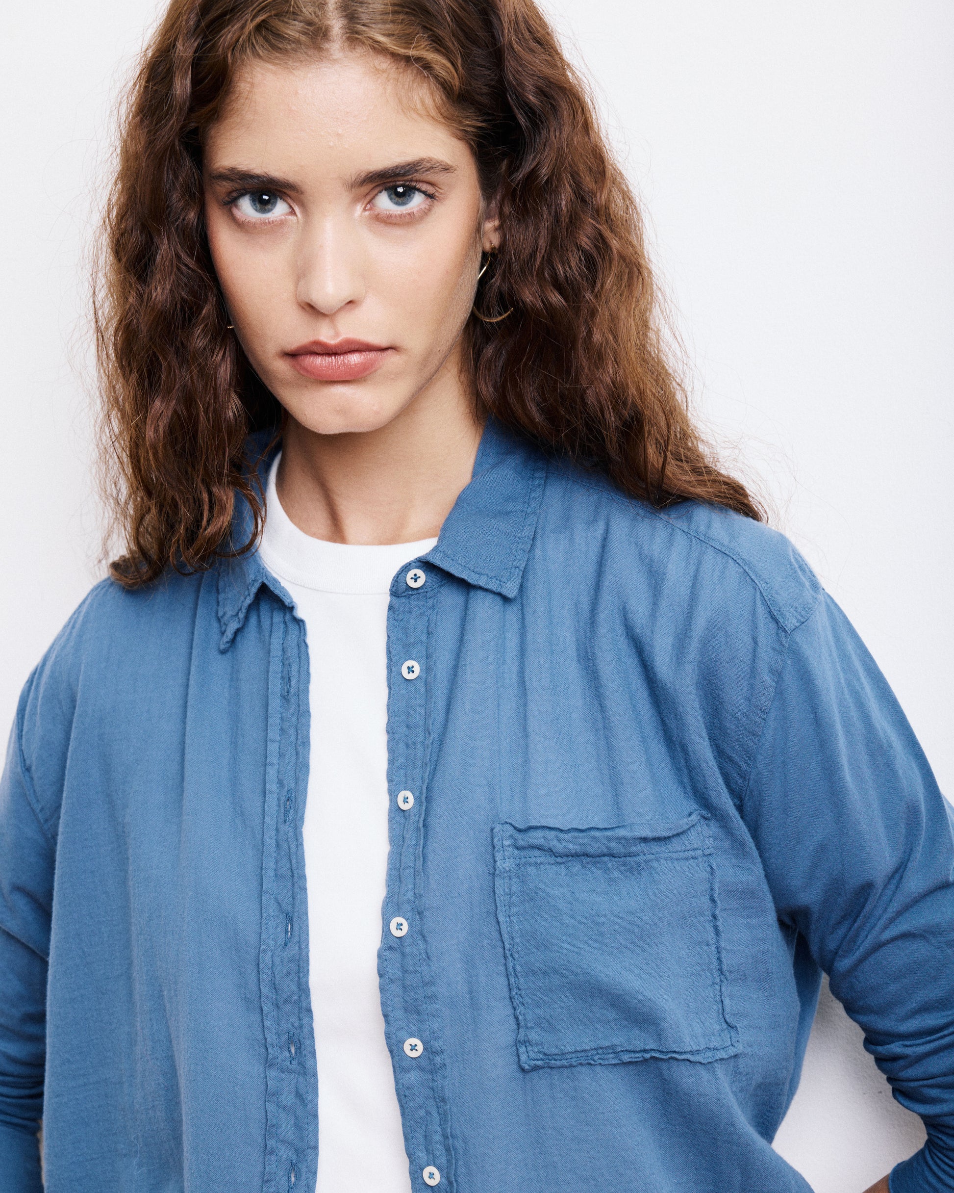 Chemise Femme en Coton Bi-Matière Bleu Denim Tacy