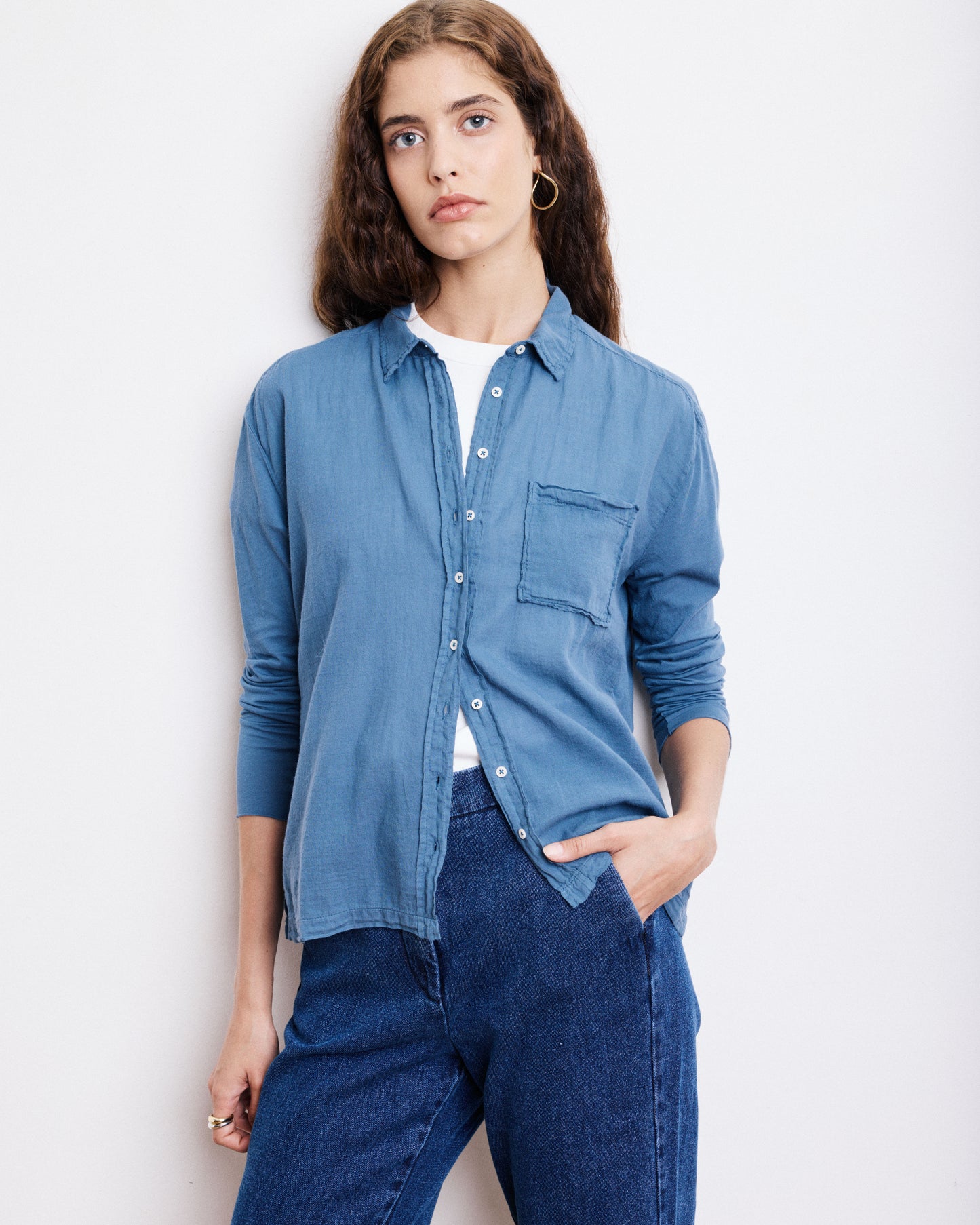 Chemise Femme en Coton Bi-Matière Bleu Denim Tacy