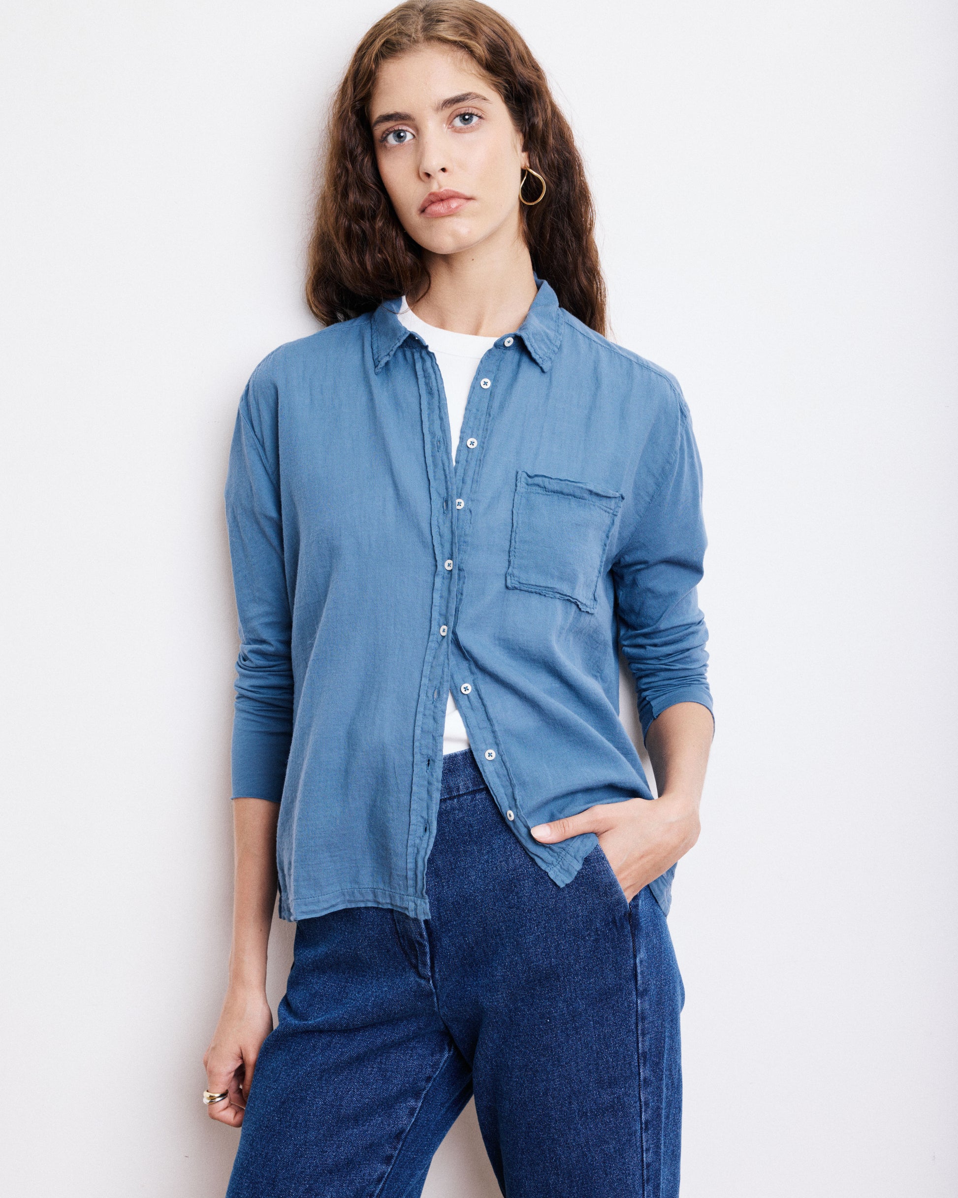 Chemise Femme en Coton Bi-Matière Bleu Denim Tacy