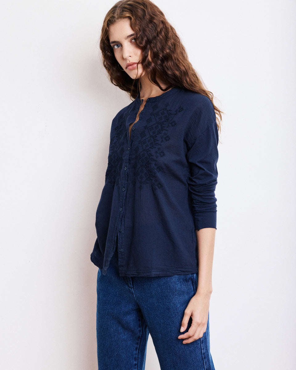 Chemise Femme en Coton Bi-Matière Bleu Marine Taora - Image principale