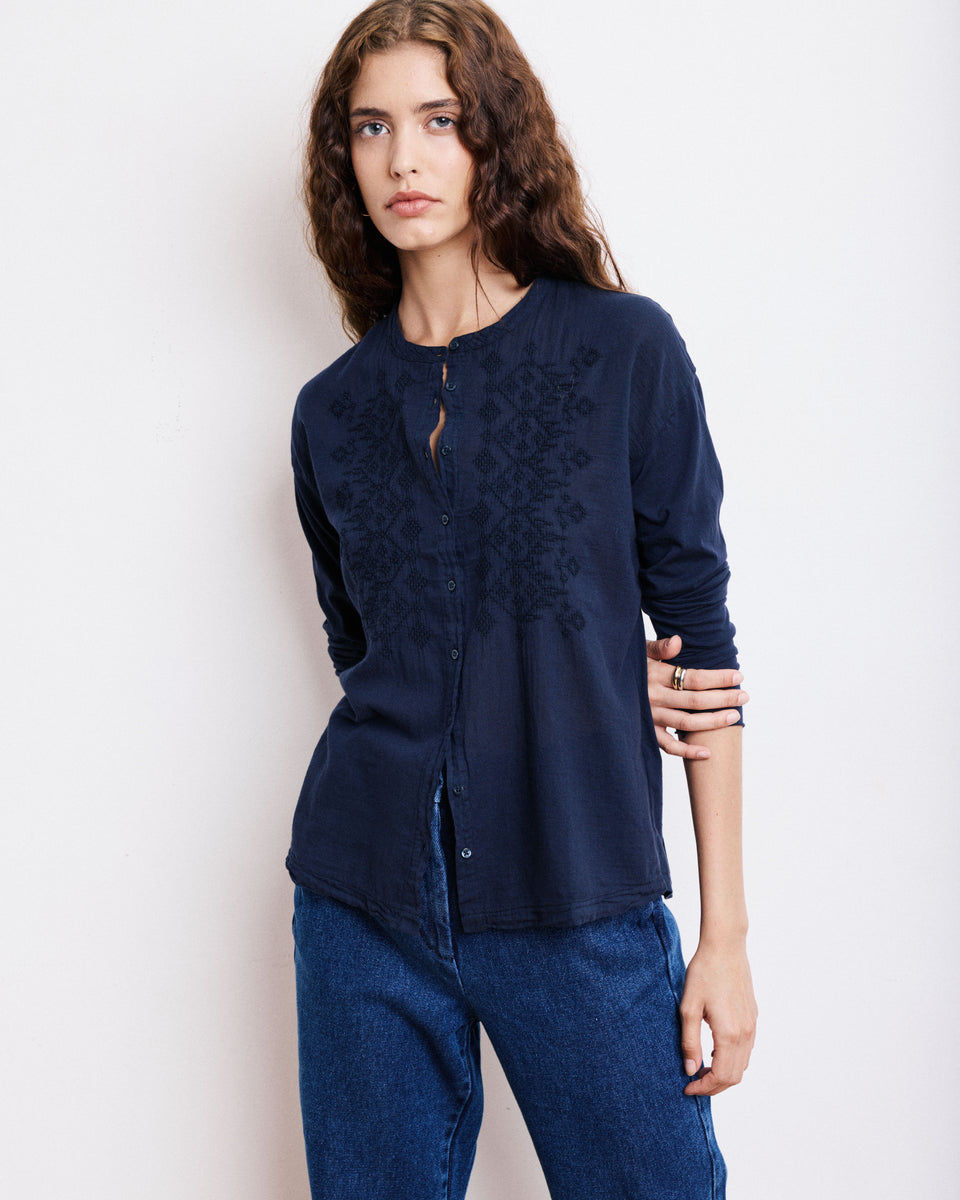 Chemise Femme en Coton Bi-Matière Bleu Marine Taora - Image alternative