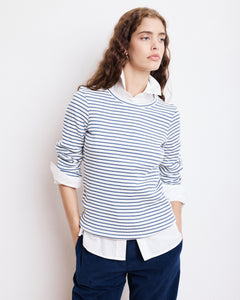 T-Shirt Femme en Coton Côtelé Ecru & Bleu Marine Take