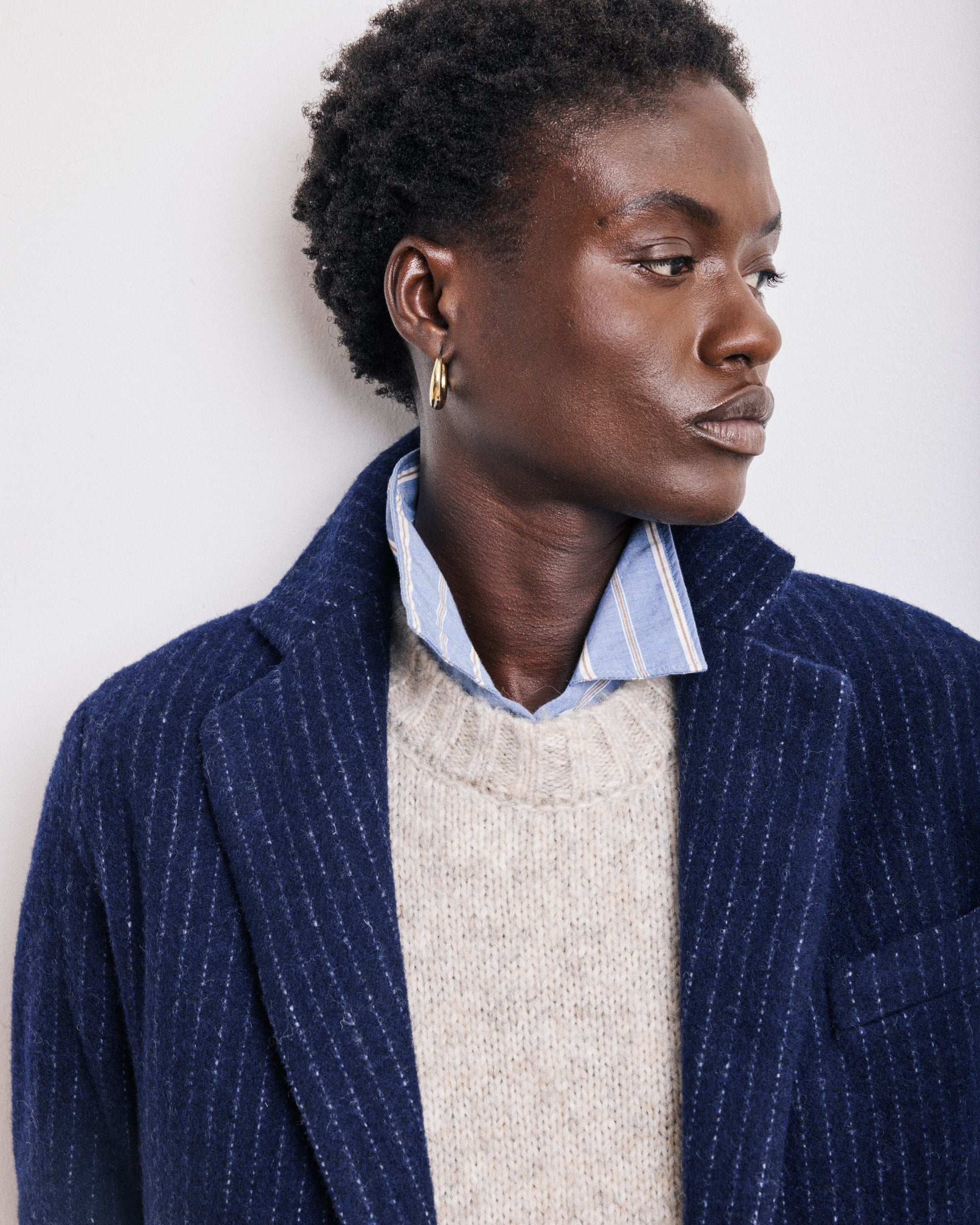 Veste Femme en Laine à Rayures Bleu Marine & Ecru Vittorio