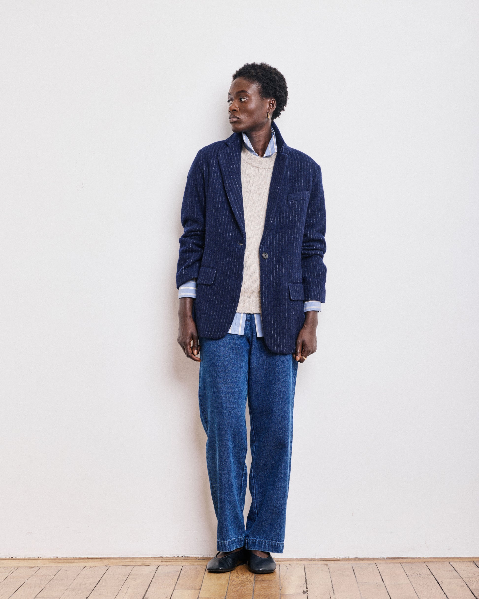 Veste Femme en Laine à Rayures Bleu Marine & Ecru Vittorio