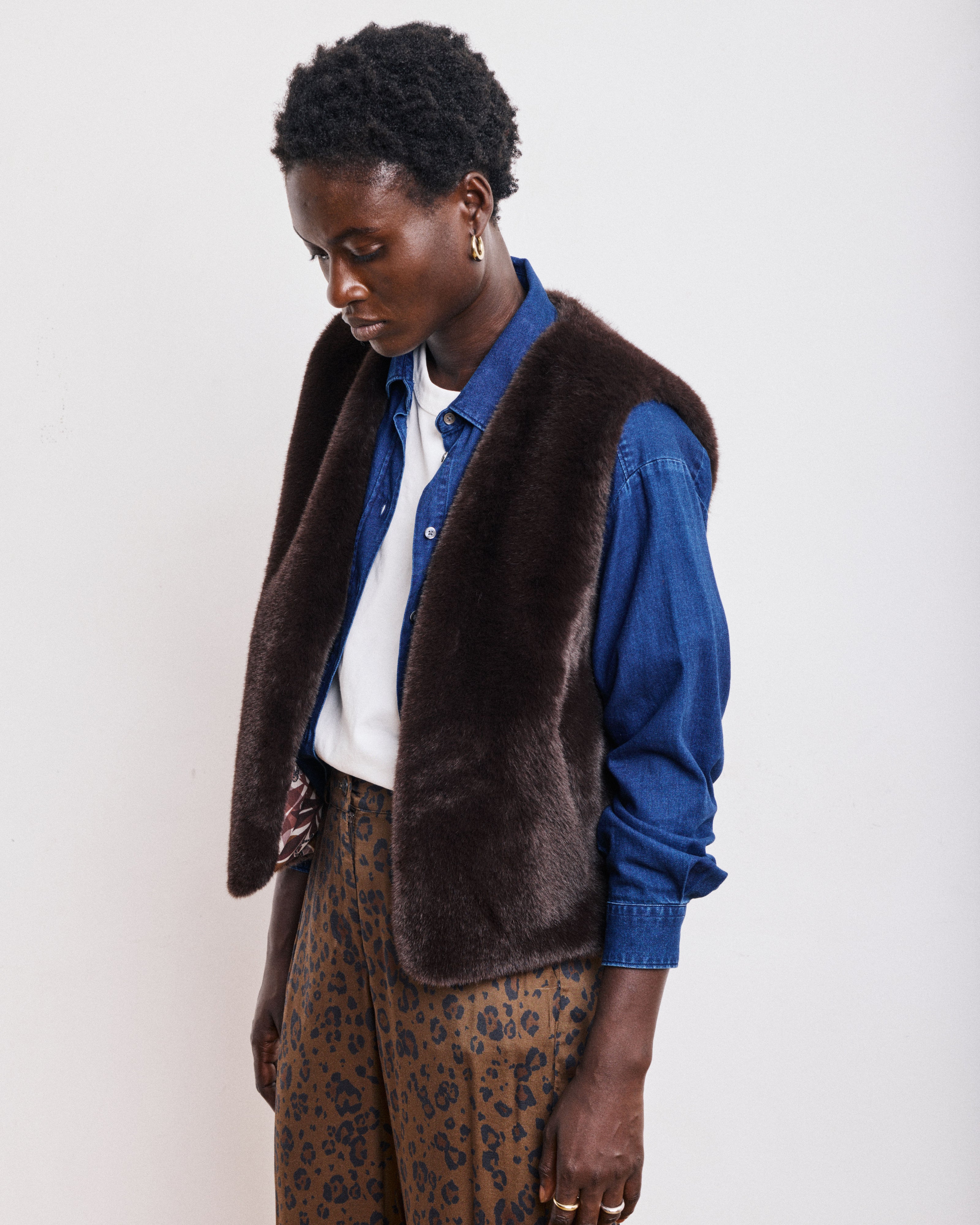 Gilet Femme en Fausse Fourrure Lisse Chocolat Vobby