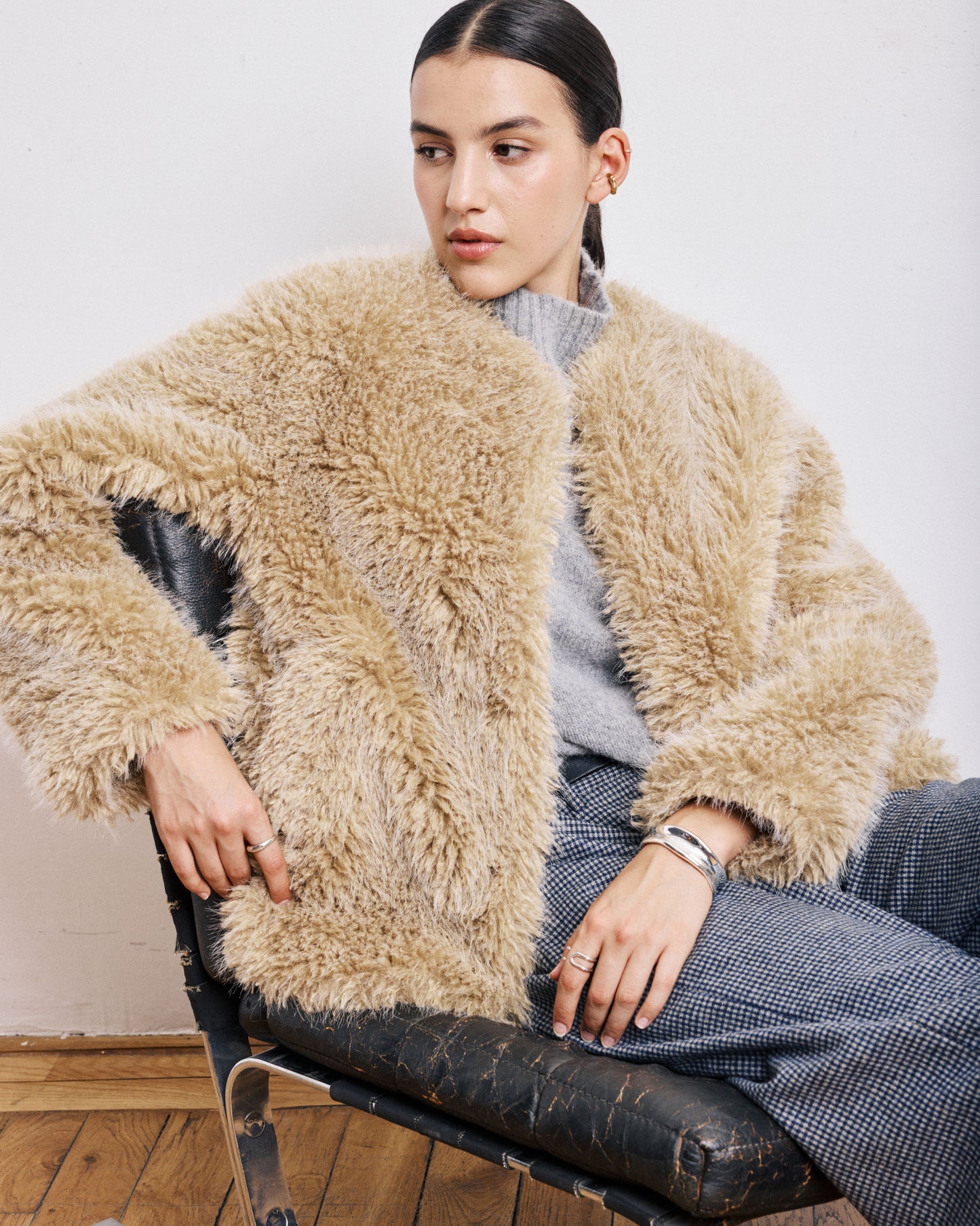 Manteau Femme en Fausse Fourrure à Poils Longs Beige Vivette